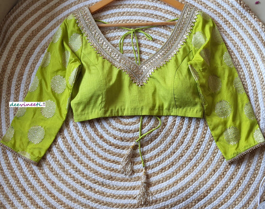 Lime Green Raw Silk Three Fourth Sleeves Blouse DVBL_134