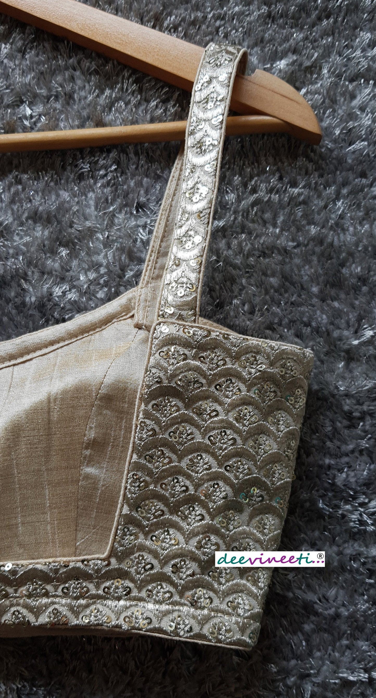 Light Gold Sequins Embroidered Spaghetti Blouse DVBL_106