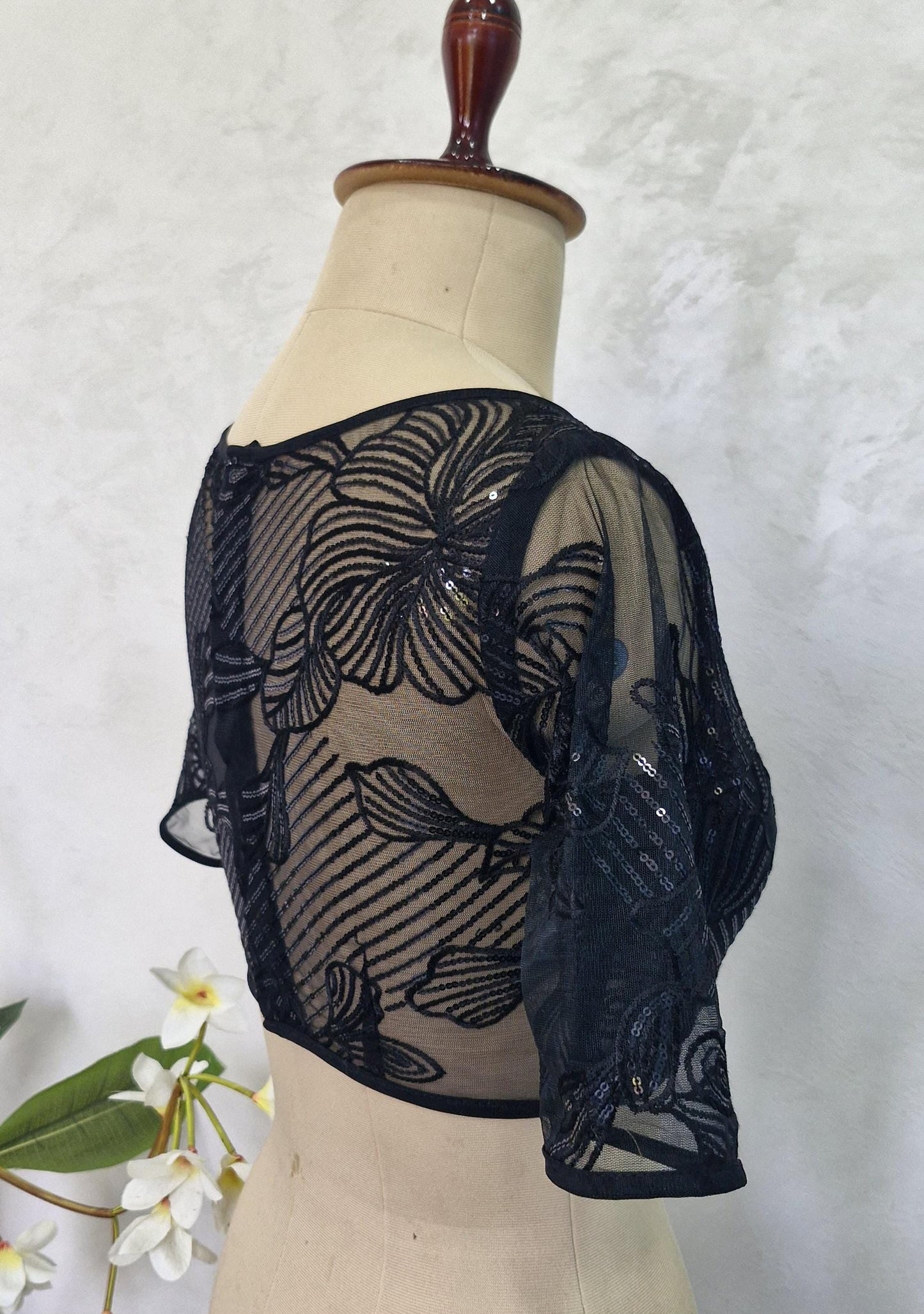 Embroidered Net Black Blouse with Sleeves DVBL_418