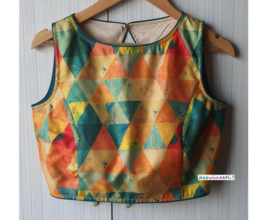 Multicolor Printed Khadi Silk Small Round Neck Blouse Sleeveless Open Back DVBL_075