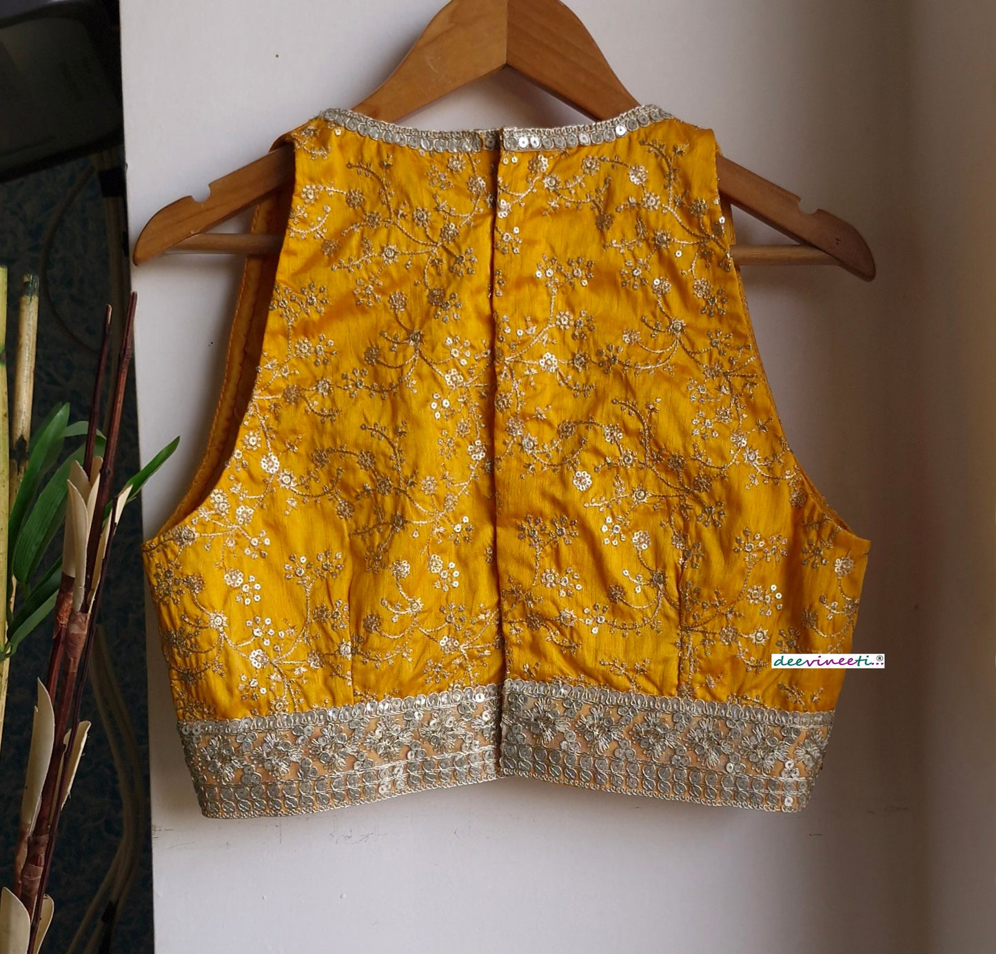 Embroidered Amber Yellow and Gold Plunge Neckline Blouse DVBL_358