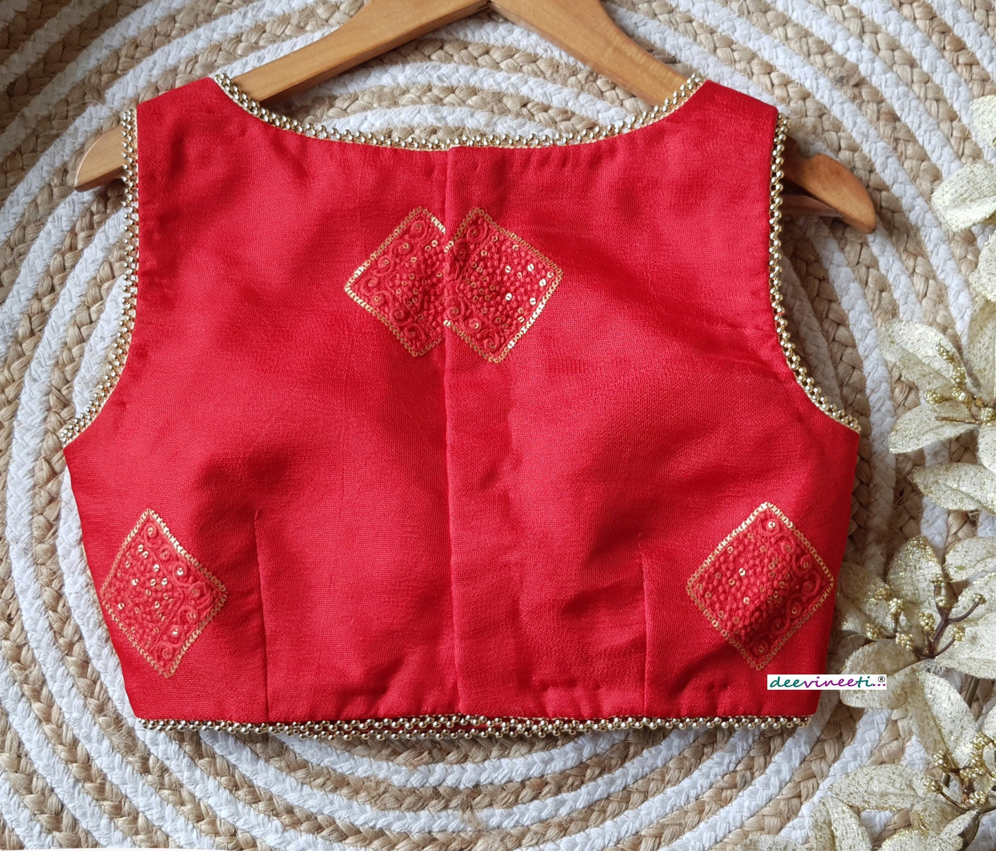 Red Jute Silk Boat Neck Blouse DVBL_212