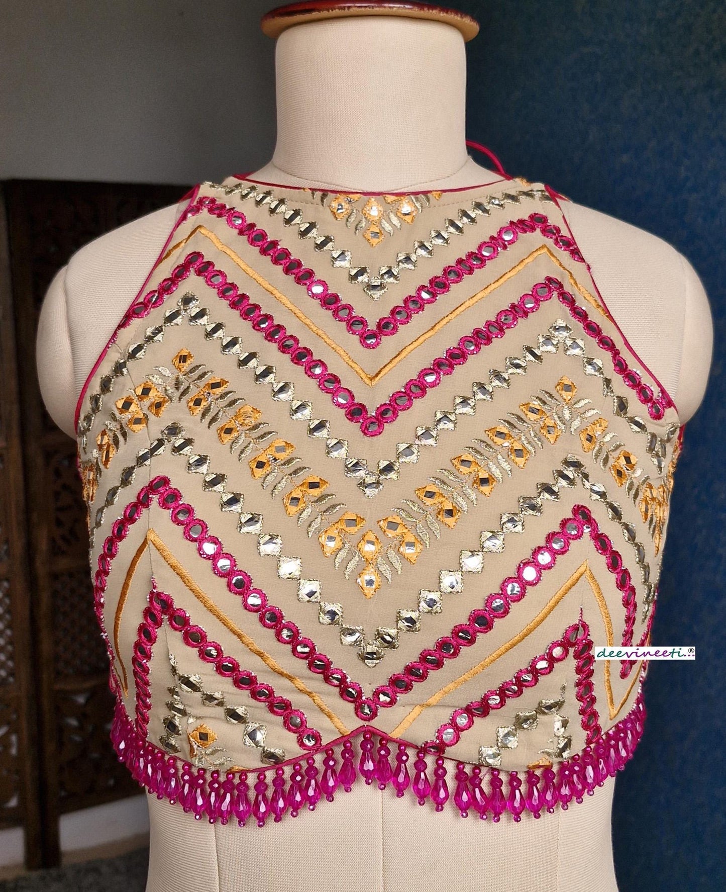 Beige Chevron Embroidered  Halter Neck Blouse DVBL_367