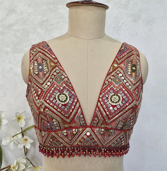 Red Embroidered Plunge Neckline DVBL_413