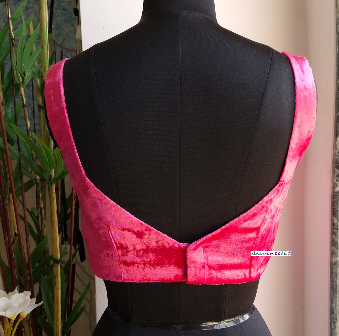 Hot Pink Viscose Velvet Semi Sweetheart Neck Blouse DVBL_334