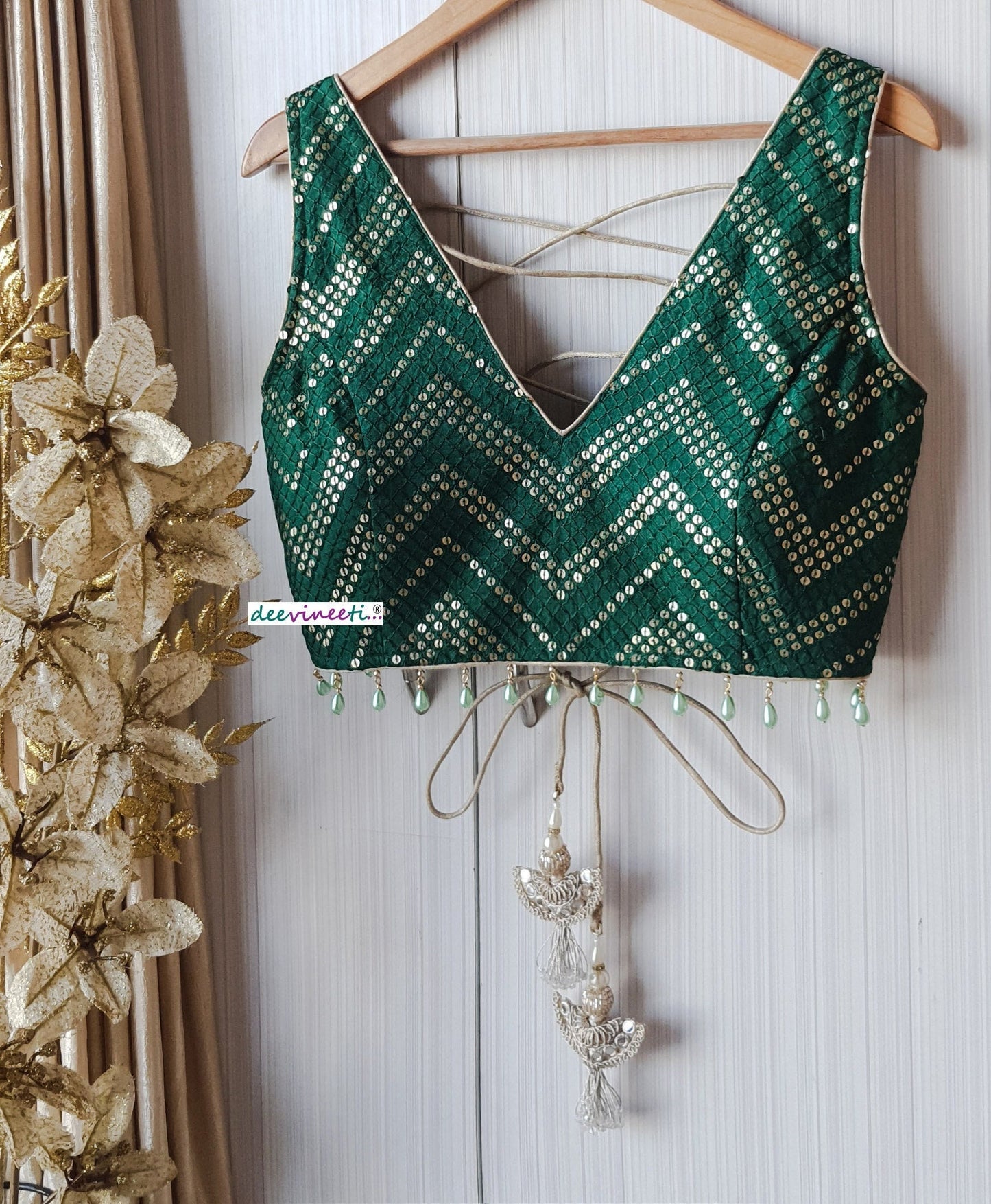 Green Sequins Chevron  Embroidered Silk Blouse  DVBL_152
