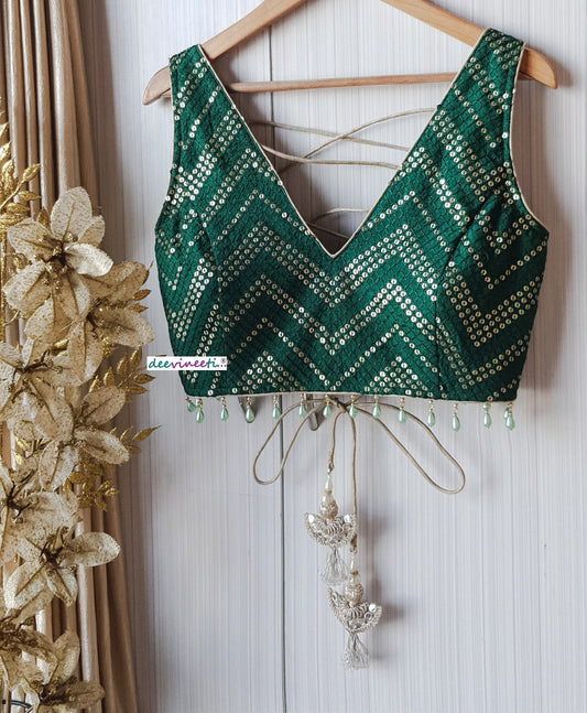 Green Sequins Chevron  Embroidered Silk Blouse  DVBL_152