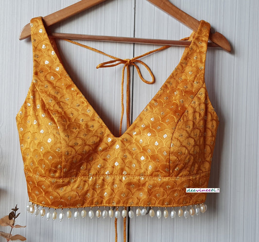 Mustard Embroidered Gajji Silk Deep V Neck Blouse DVBL_209
