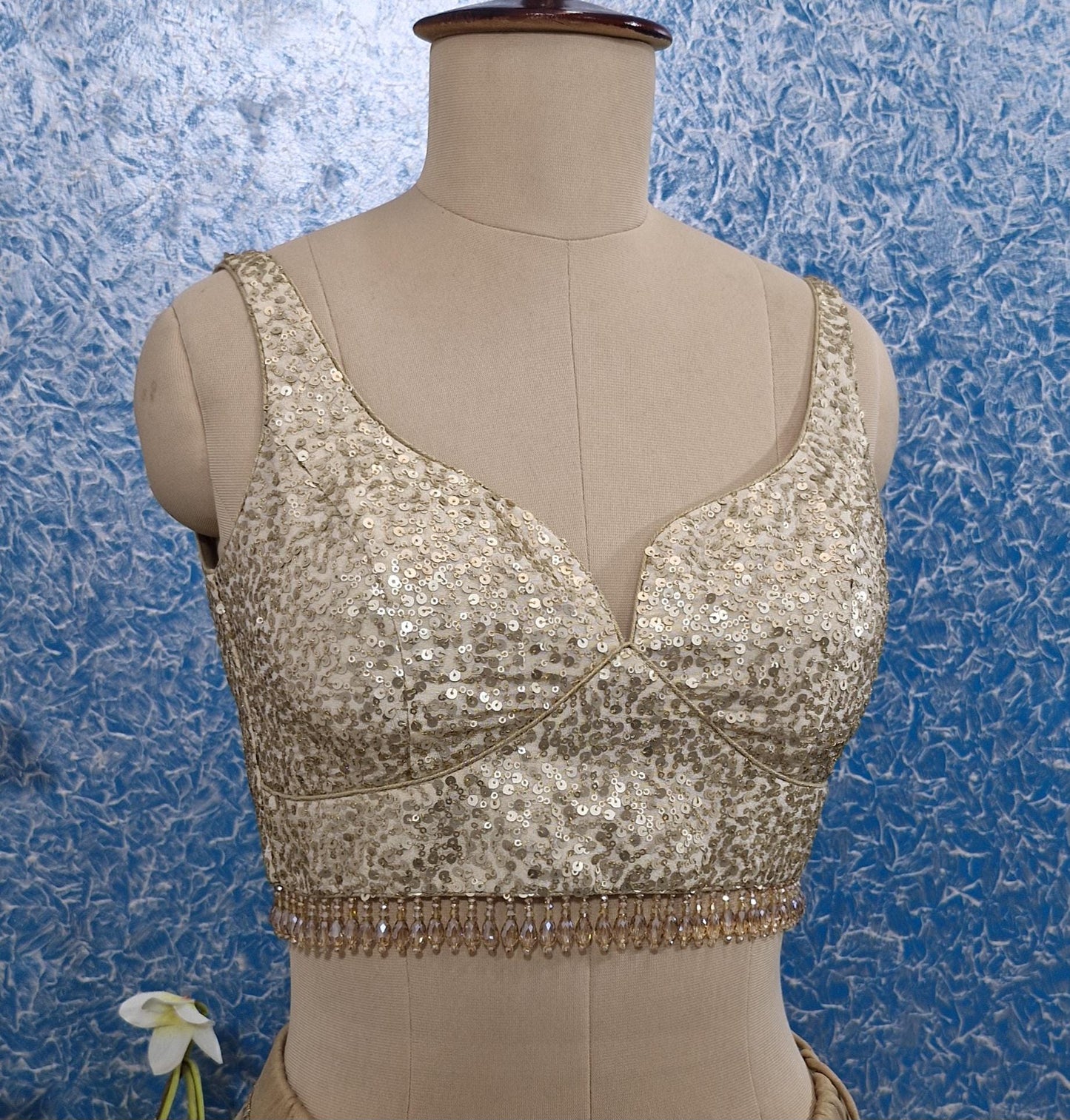 Light Gold Sequins Tissue Silk Sweetheart Neck Blouse DVBL_435
