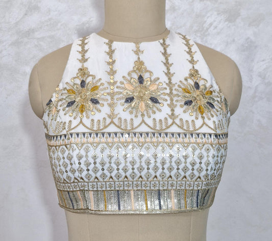 Ivory Embroidered Crepe Silk Halter Neck Blouse DVBL_445