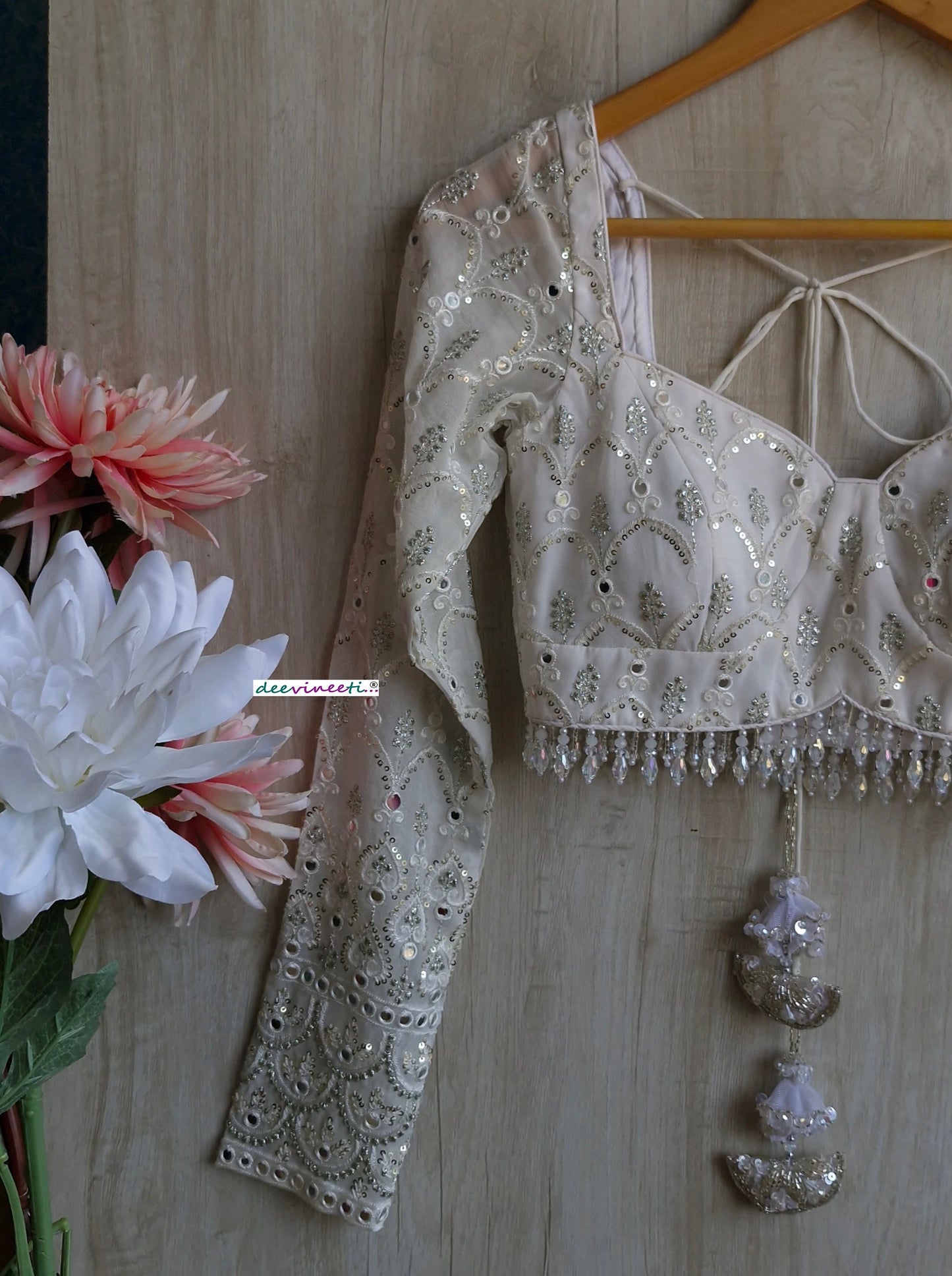 White and Silver Embroidered  Long Sleeves  Blouse DVBL_349