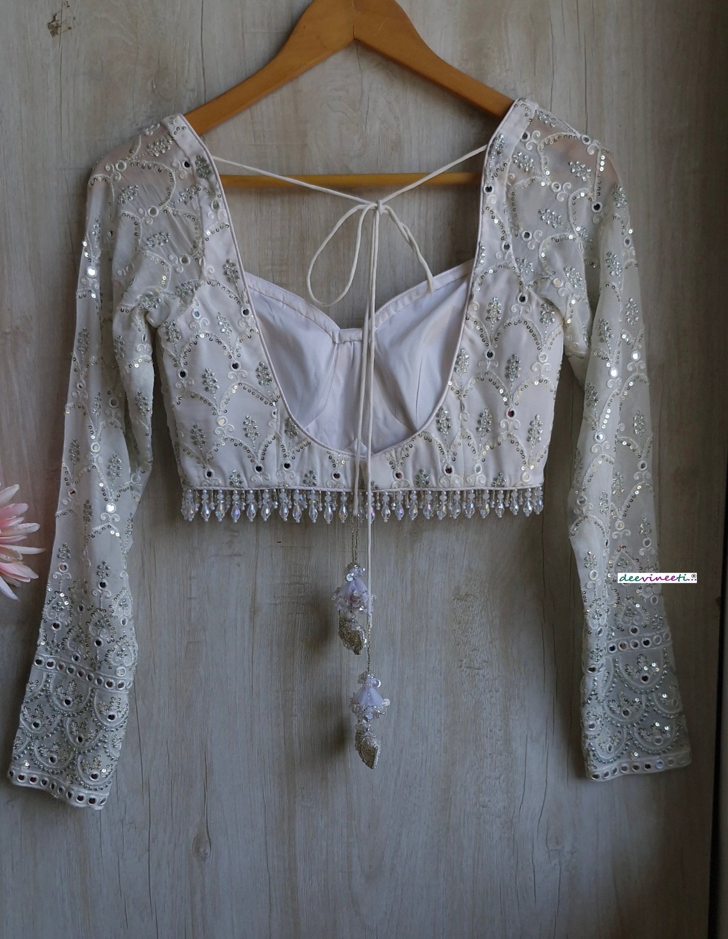 White and Silver Embroidered  Long Sleeves  Blouse DVBL_349