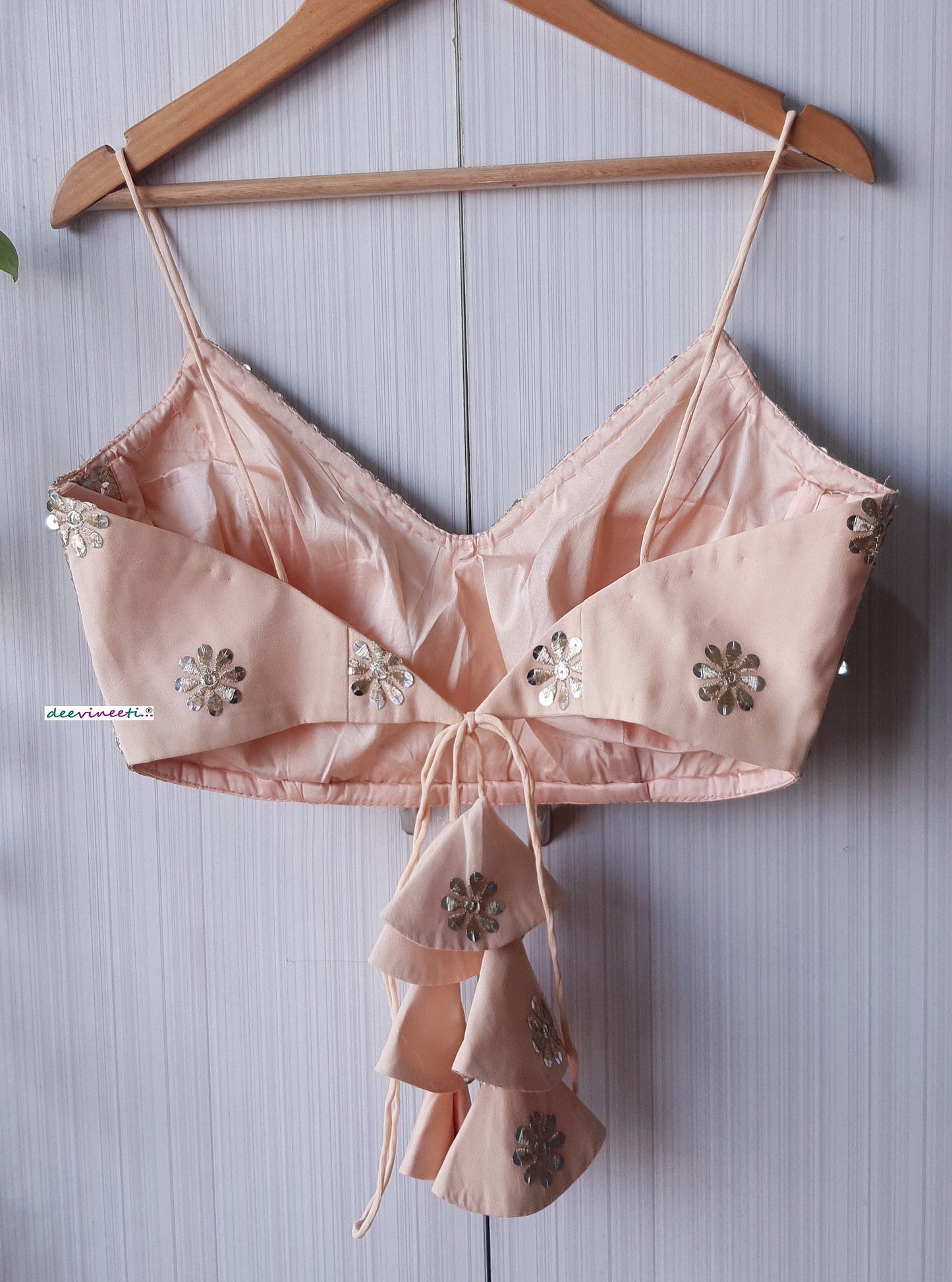 Peach and Gold Embroidered Spaghetti Blouse DVBL_284