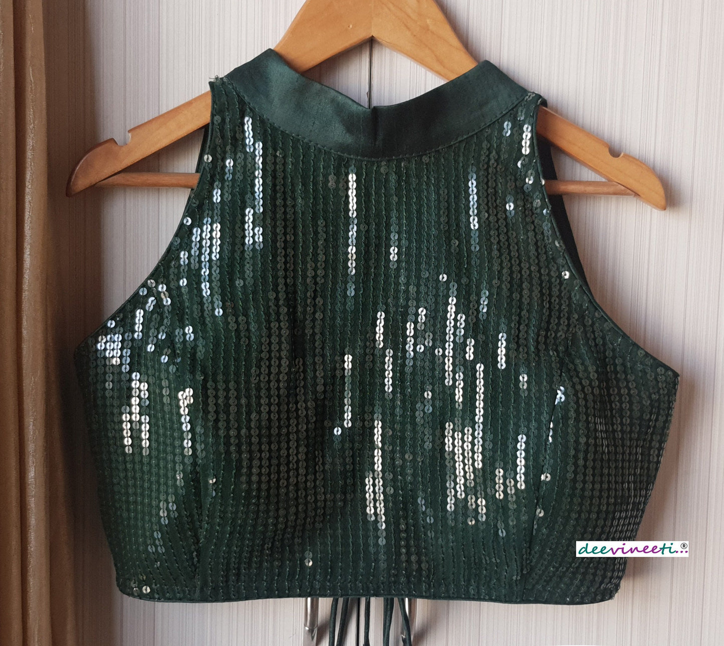 Designer Dark Green Sequins Georgette Blouse High Collar DVBL_149