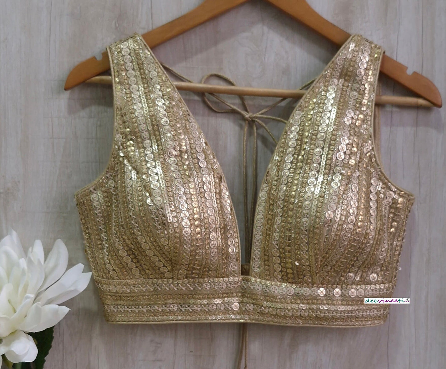 Gold Sequins Embroidered Plunge Neckline Blouse DVBL_363
