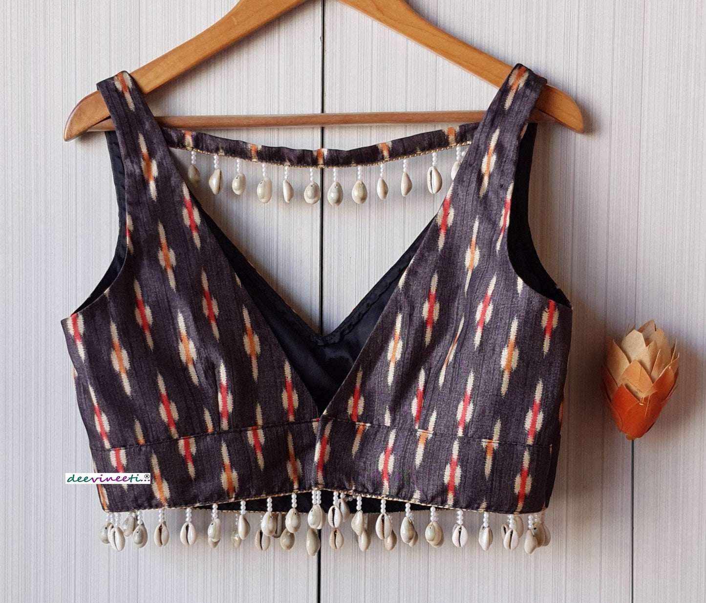 Grey Ikkat Print Khadi Silk Deep V Neck Blouse DVBL_224