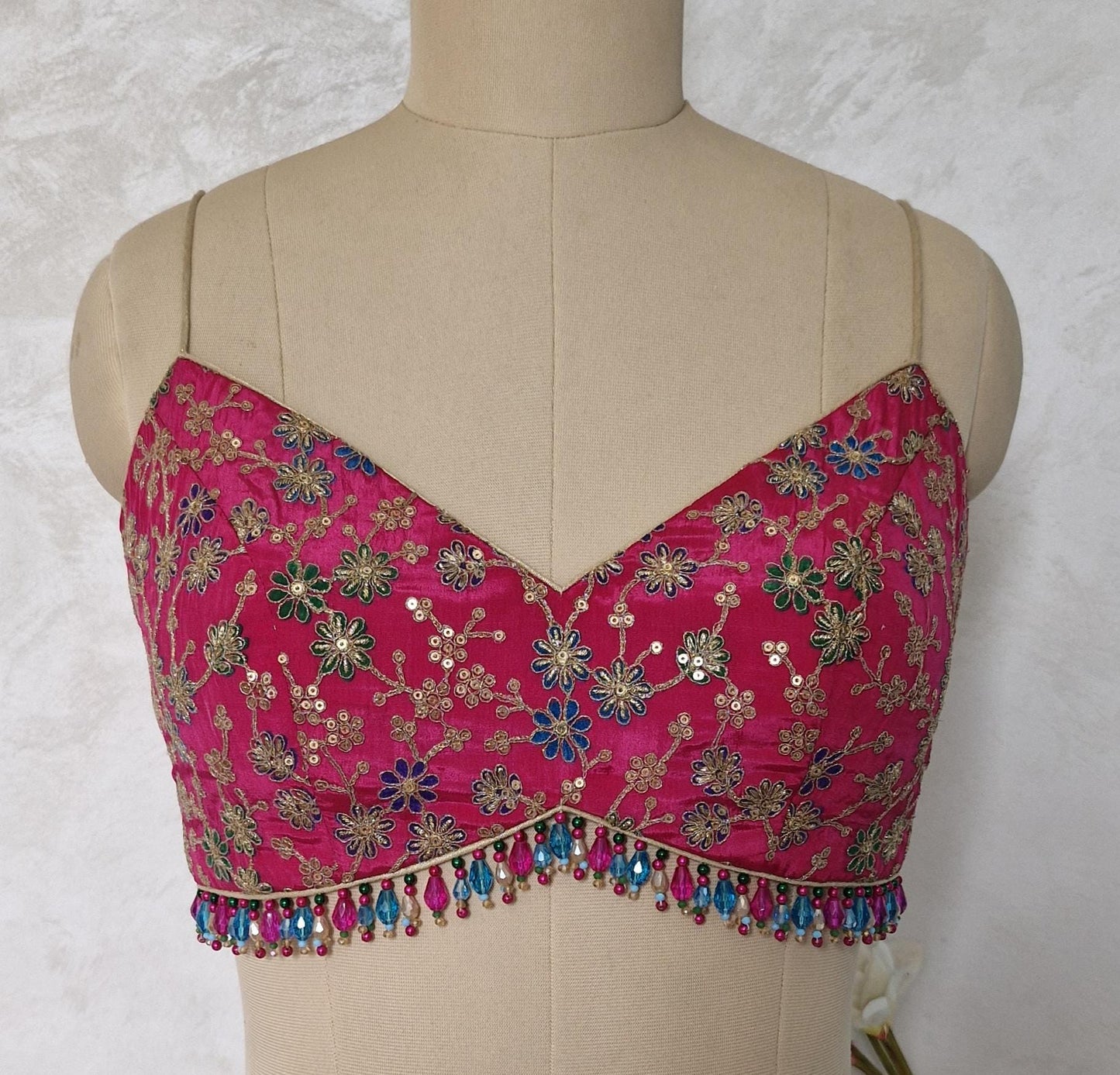 Magenta Pink Embroidered Spaghetti Blouse DVBL_443