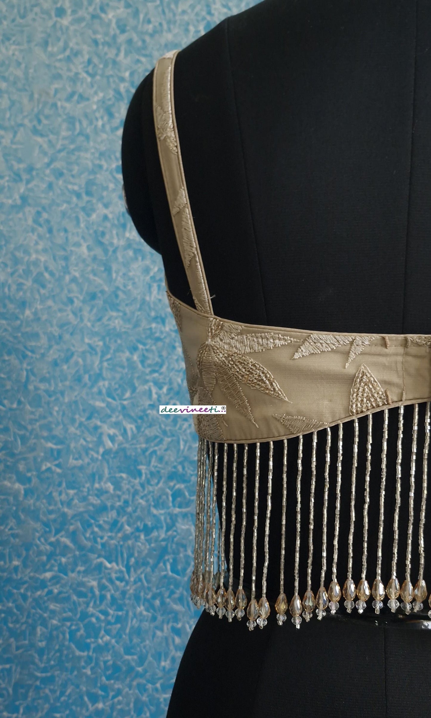 Beige Embroidered Net Spaghetti Blouse with Beads Fringes DVBL_389