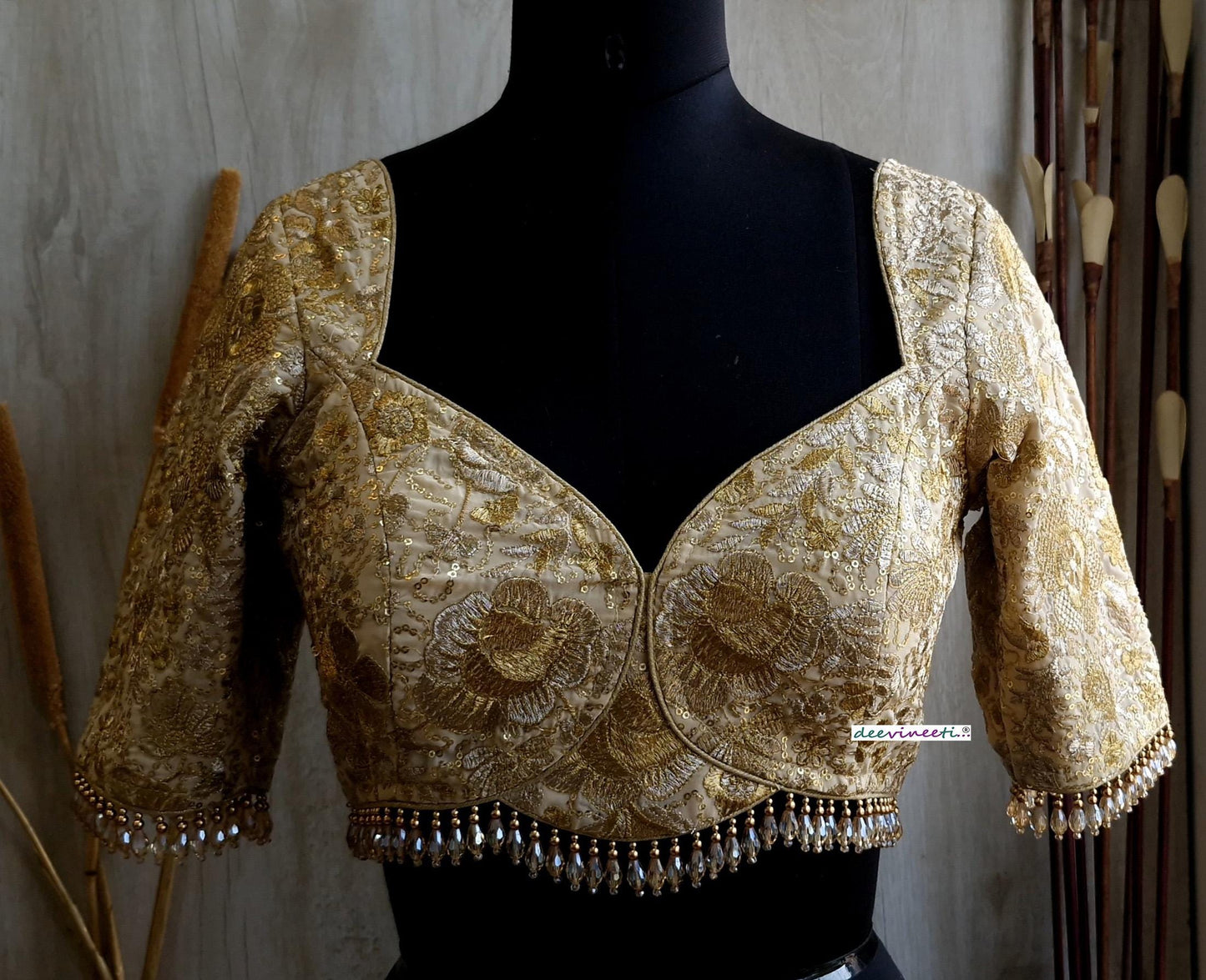 Beige Gold Embroidered Deep Sweetheart Neck Blouse DVBL_380.