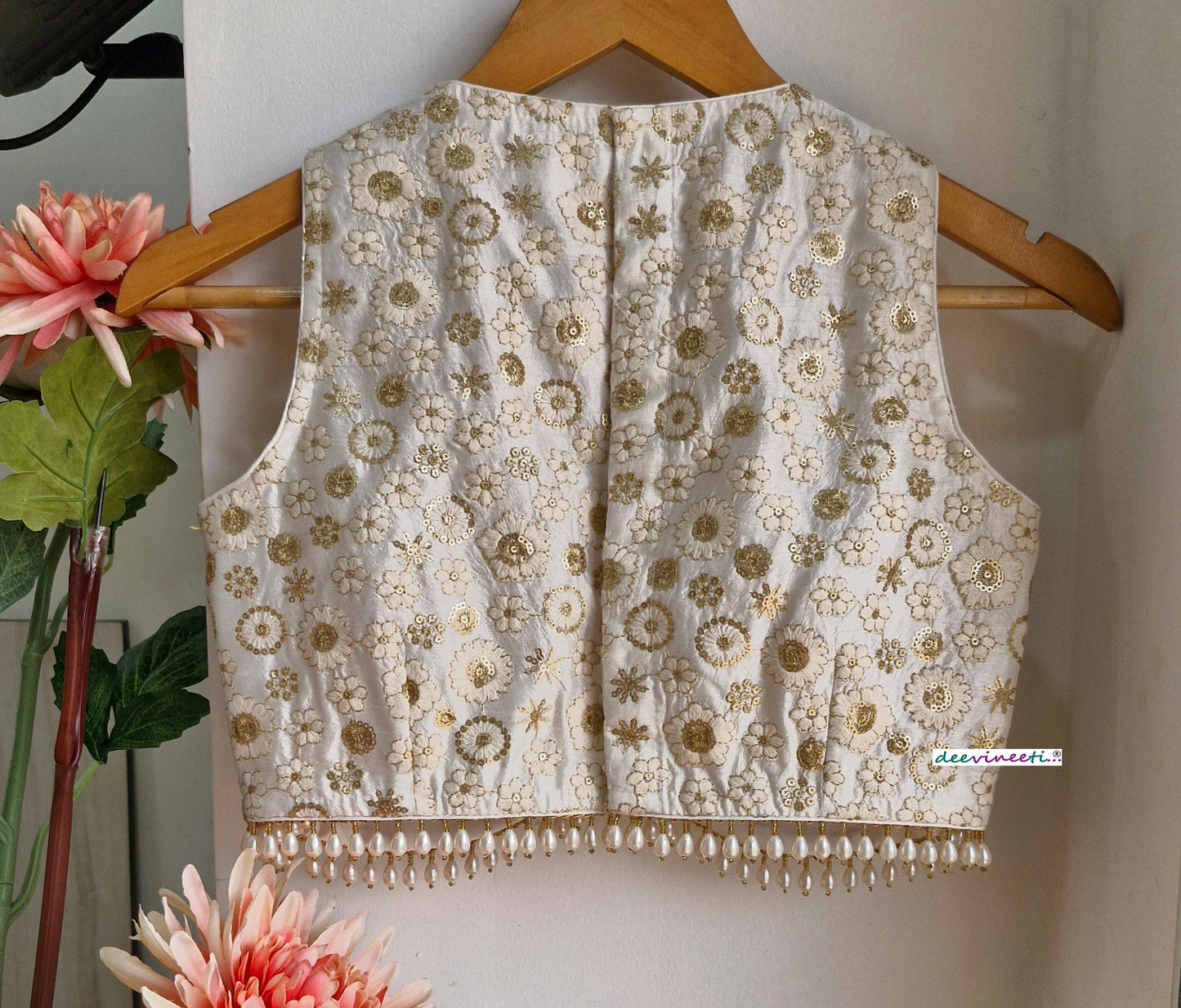 Off-White Embroidered Silk V Neck Blouse DVBL_313