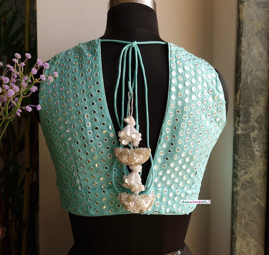 Sea Green Faux Mirror V Neck Blouse DVBL_338