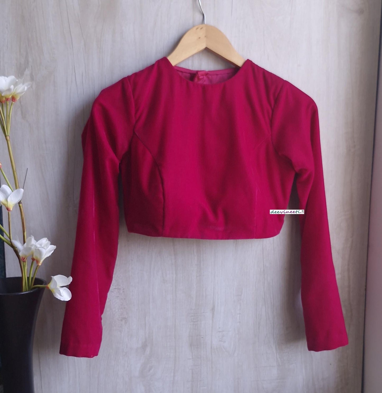 Bright Pink Velvet Jewel Neck Blouse DVBL_393