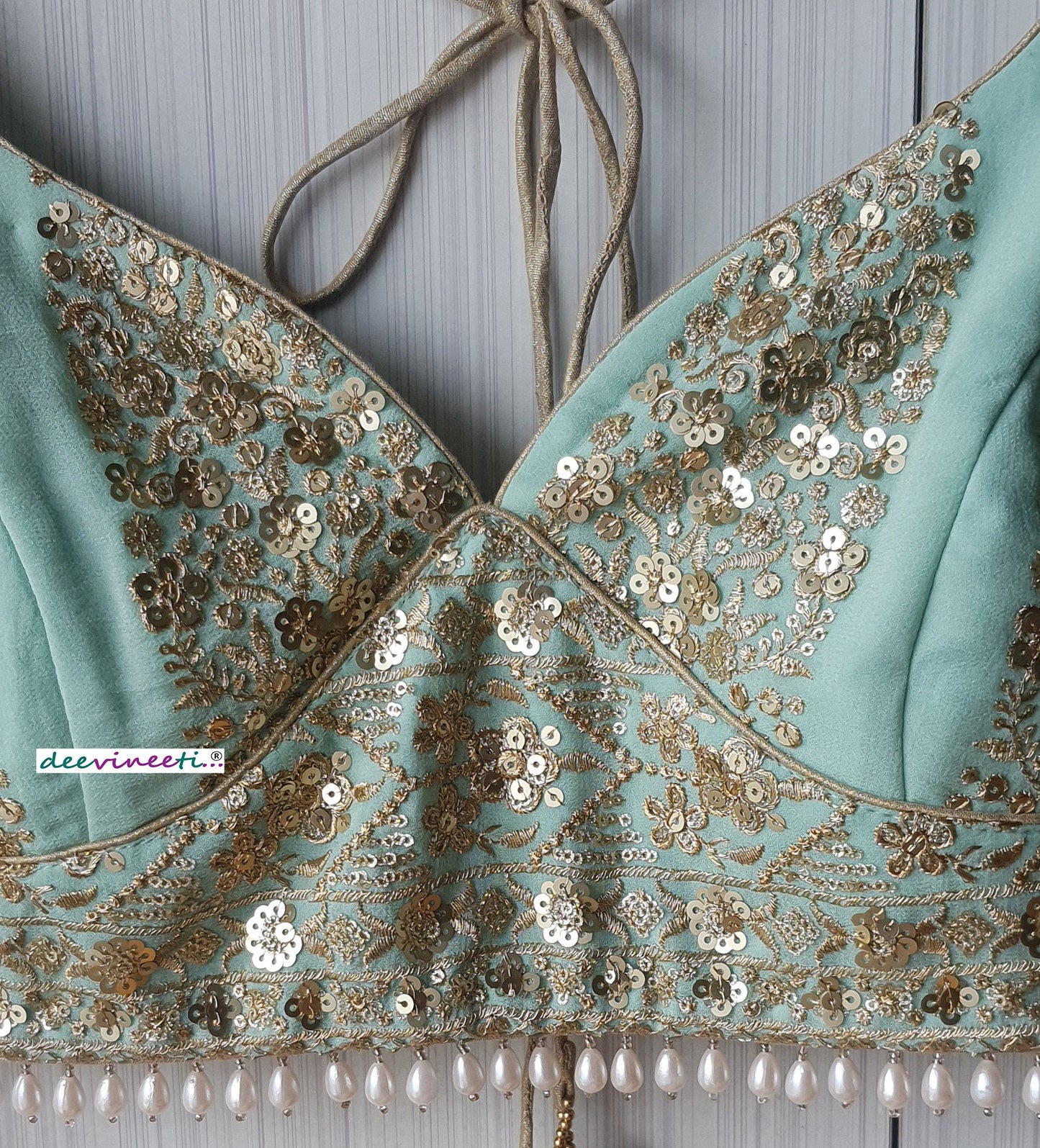 Sea Green Embroidered Sweetheart Neck Blouse DVBL_258