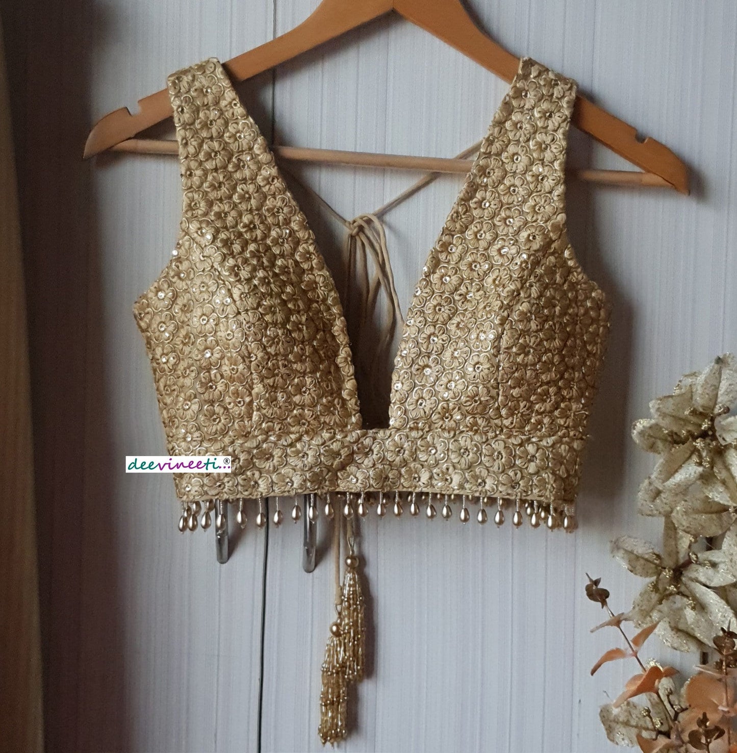Embroidered Gold Plunge Neckline Blouse DVBL_139