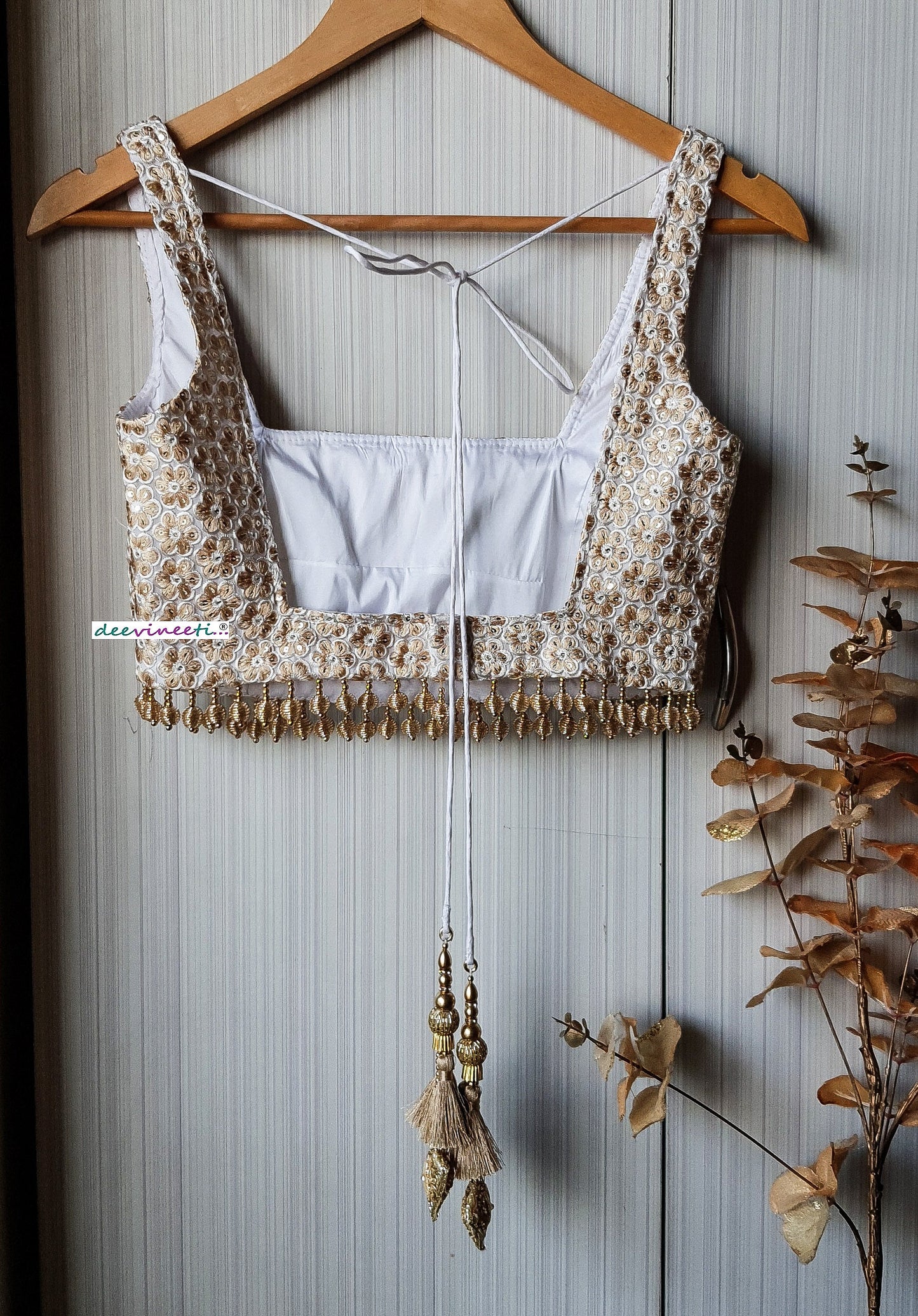 Embroidered White and Gold Square Neckline Blouse DVBL_238