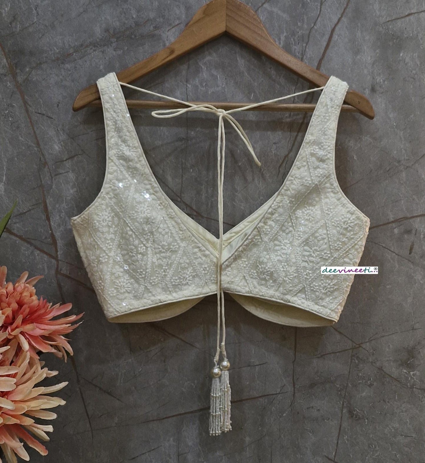 Egg White Embroidered V Neck Blouse DVBL_366