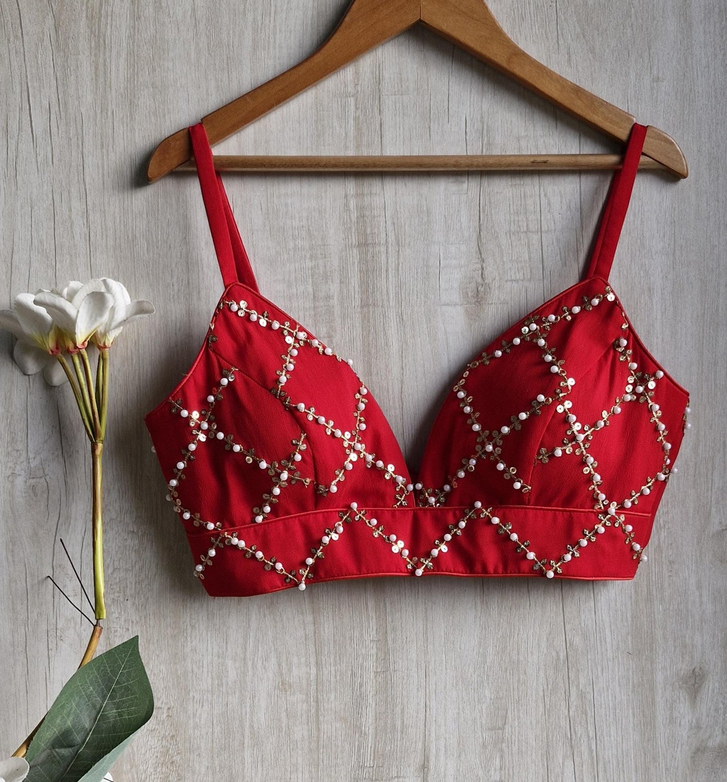 Beads and Sequins Embroidered Red Spaghetti Blouse DVBL_438
