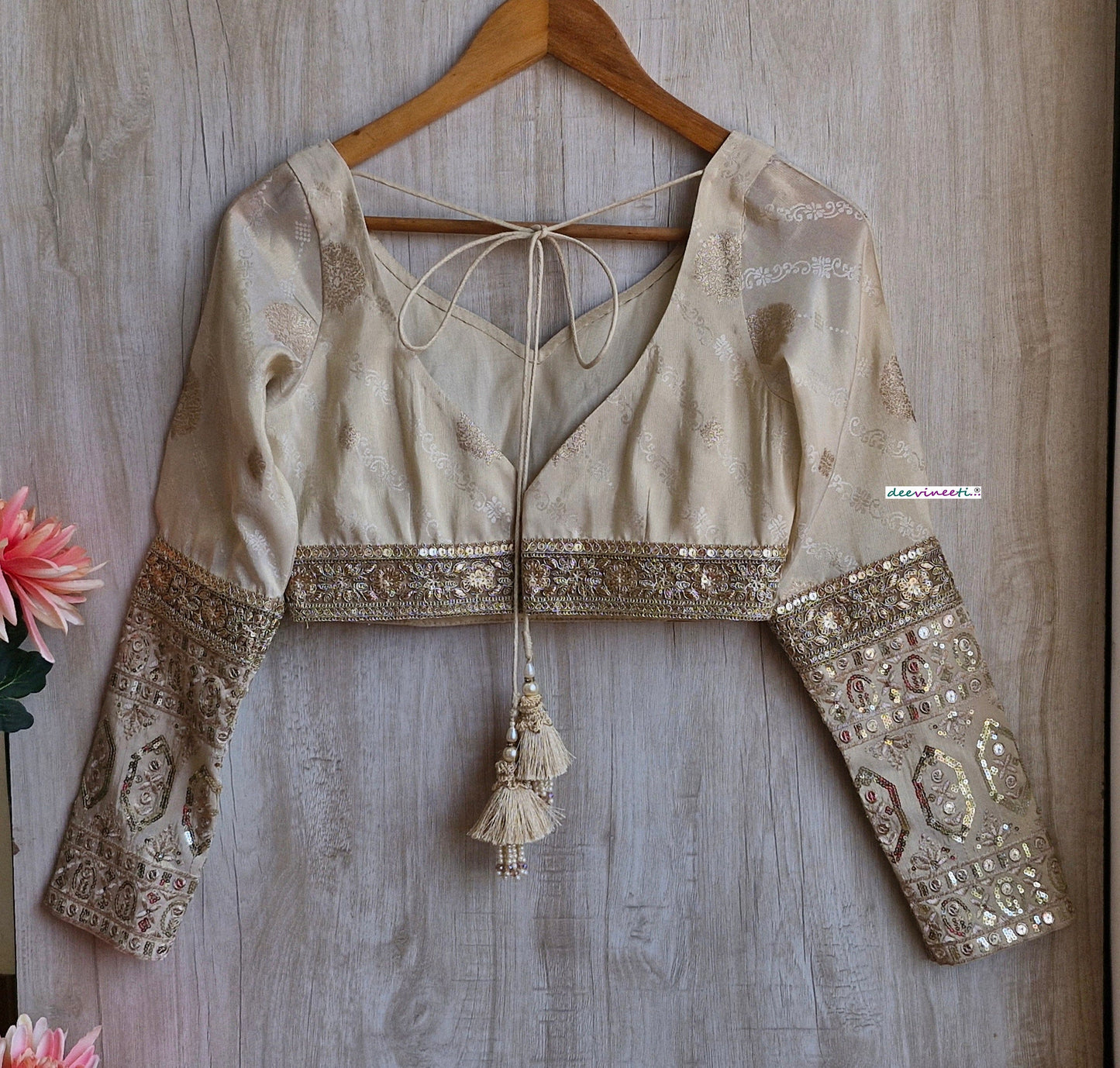 Light Beige Tissue Brocade Long Sleeves Blouse  DVBL_323