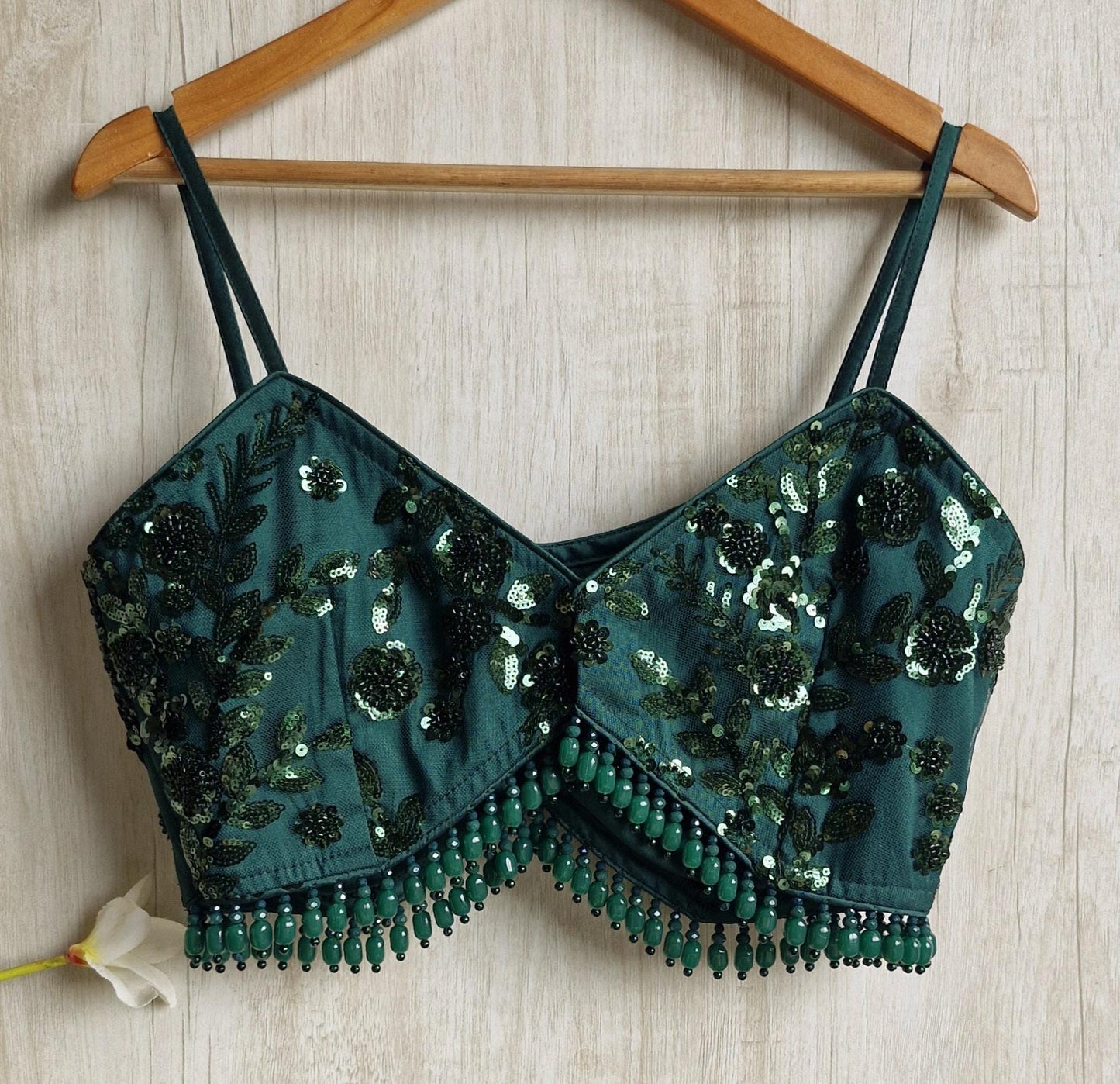Bottle Green Embroidered Spaghetti Blouse DVBL_454