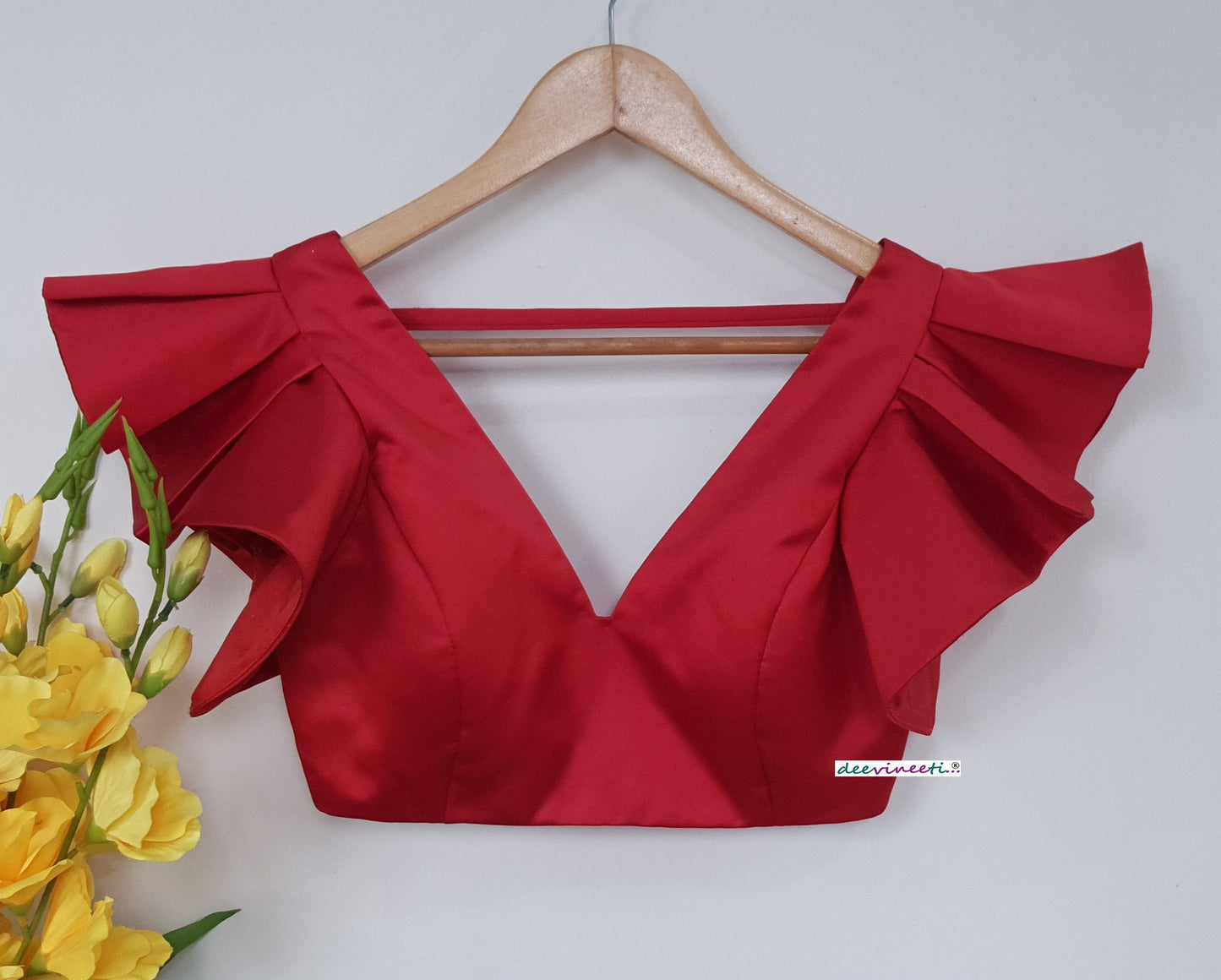 Red Satin Deep V Neck Ruffled Sleeves Blouse DVBL_265