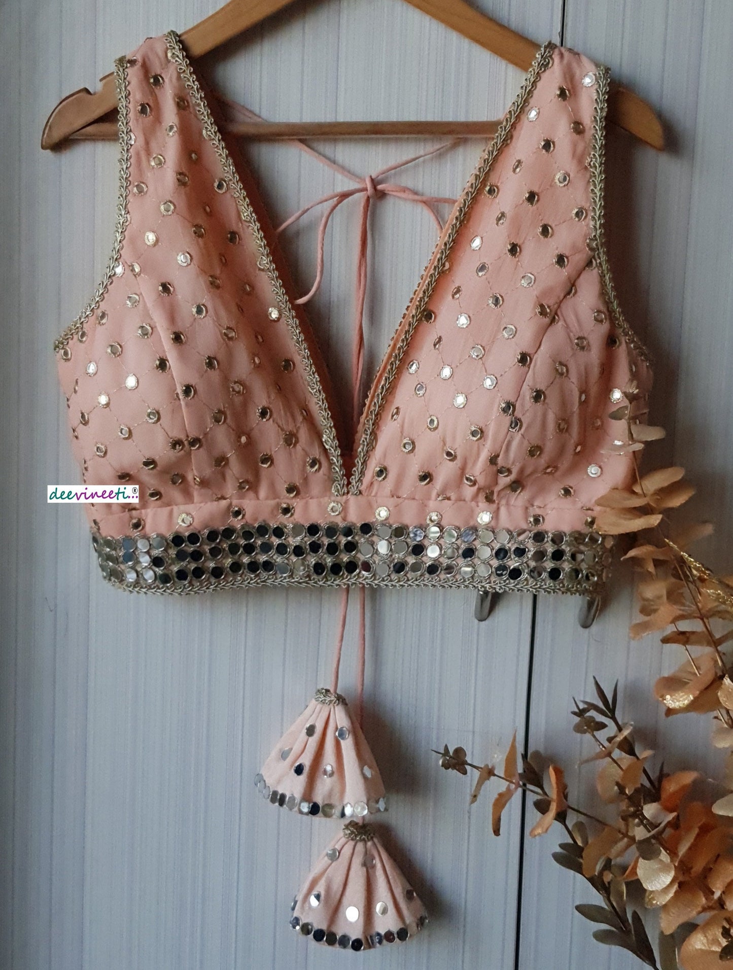 Faux Mirror  Embroidered Peach Plunge Neckline Blouse  DVBL_162