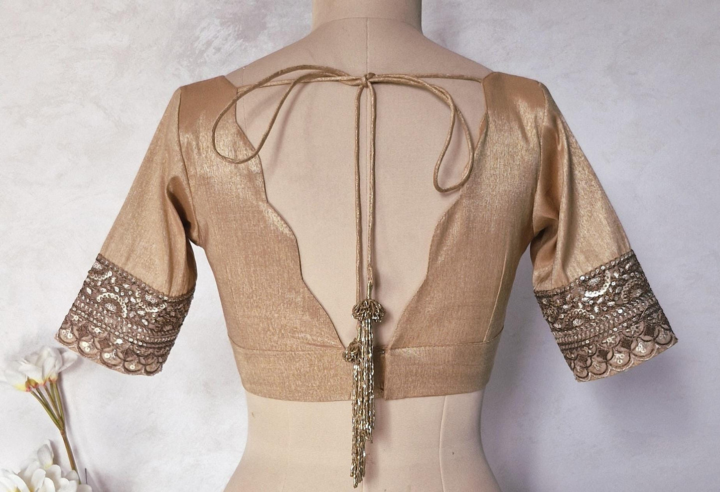 Copper Rose Gold Banarasi Tissue  Scallop Neck  Blouse DVBL_444