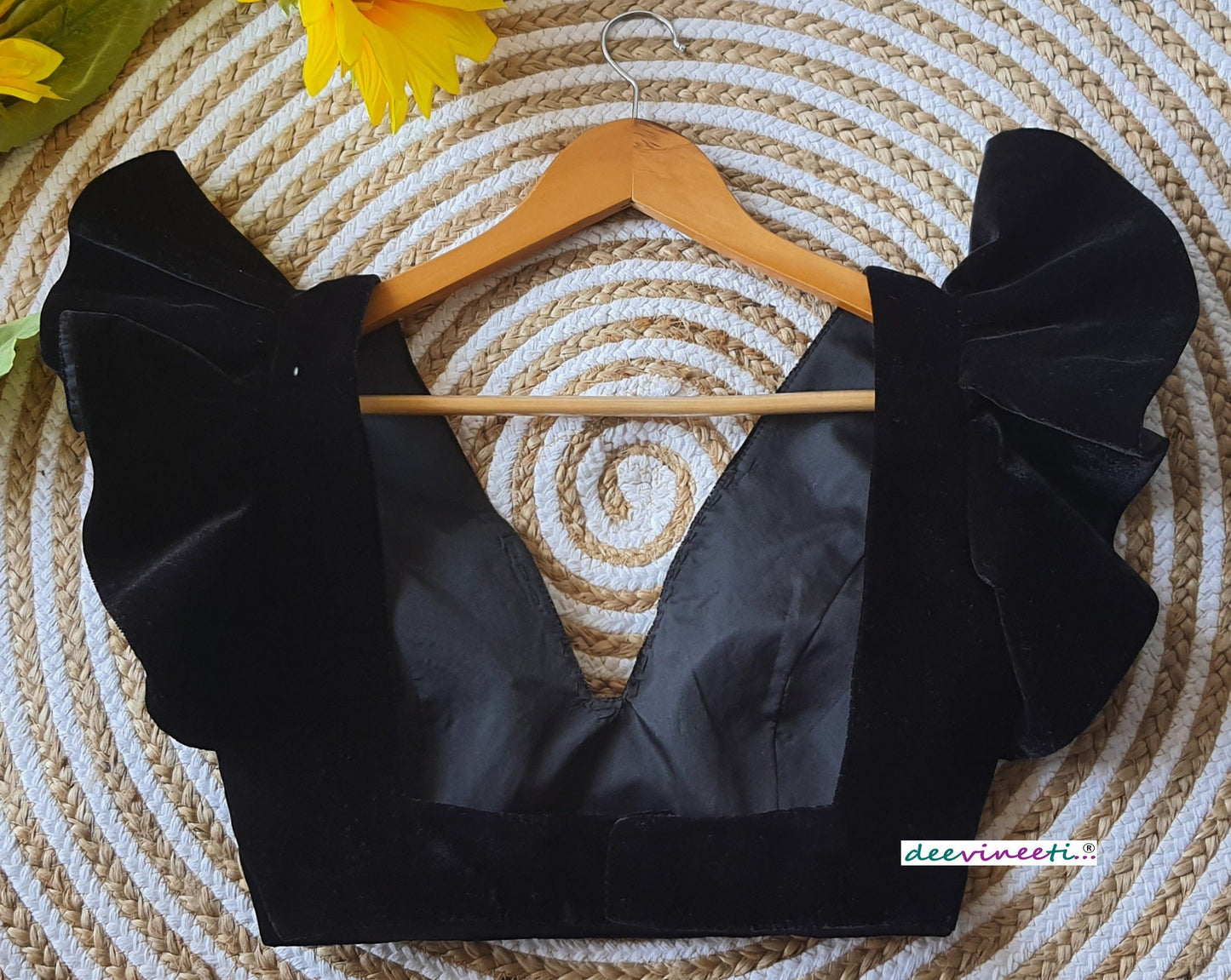Velvet Deep V Neck Ruffled Sleeves Blouse Black DVBL_078