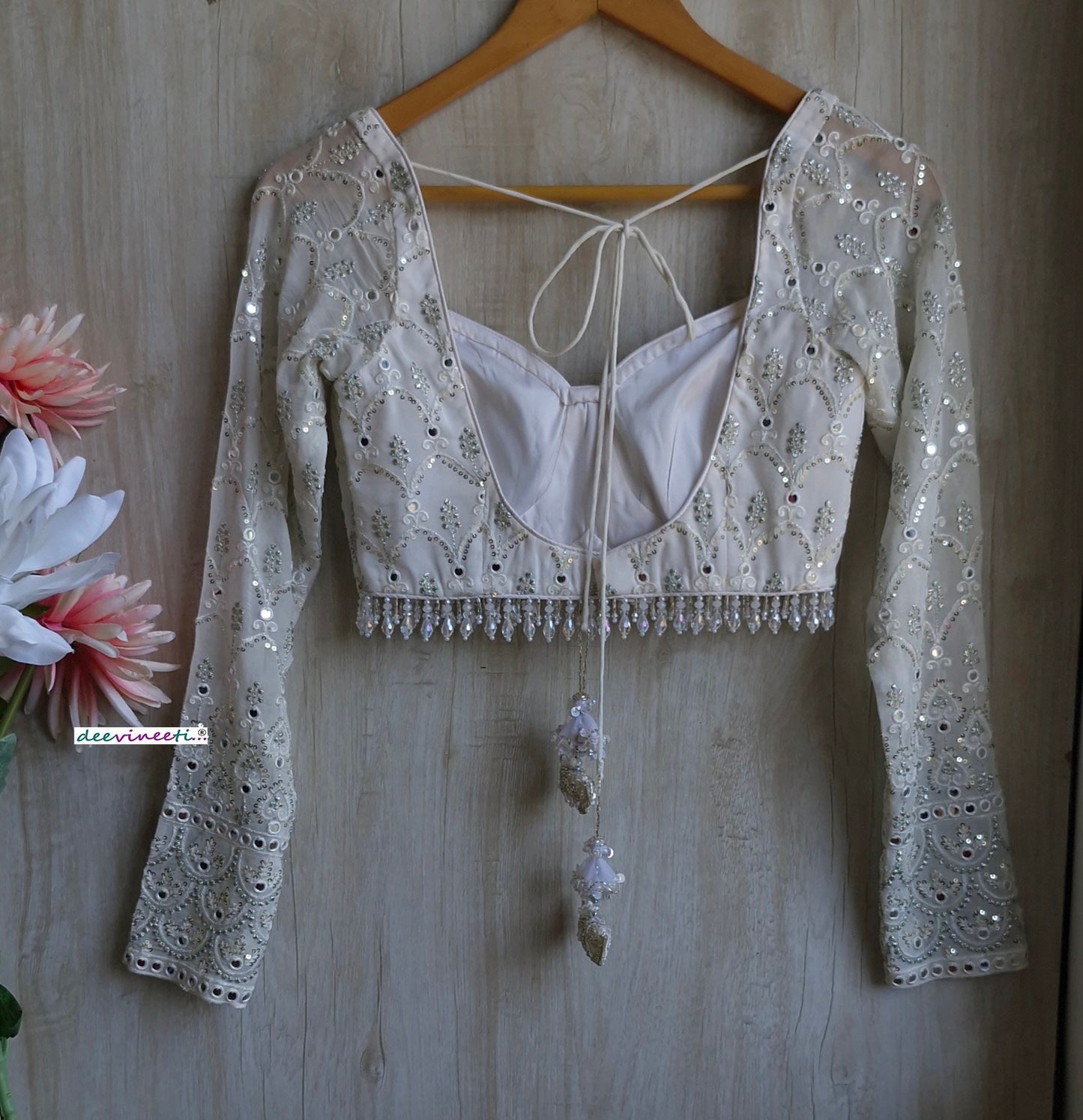 White and Silver Embroidered  Long Sleeves  Blouse DVBL_349