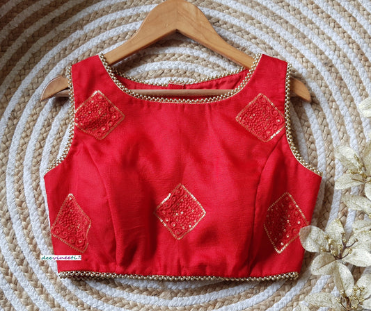 Red Jute Silk Boat Neck Blouse DVBL_212