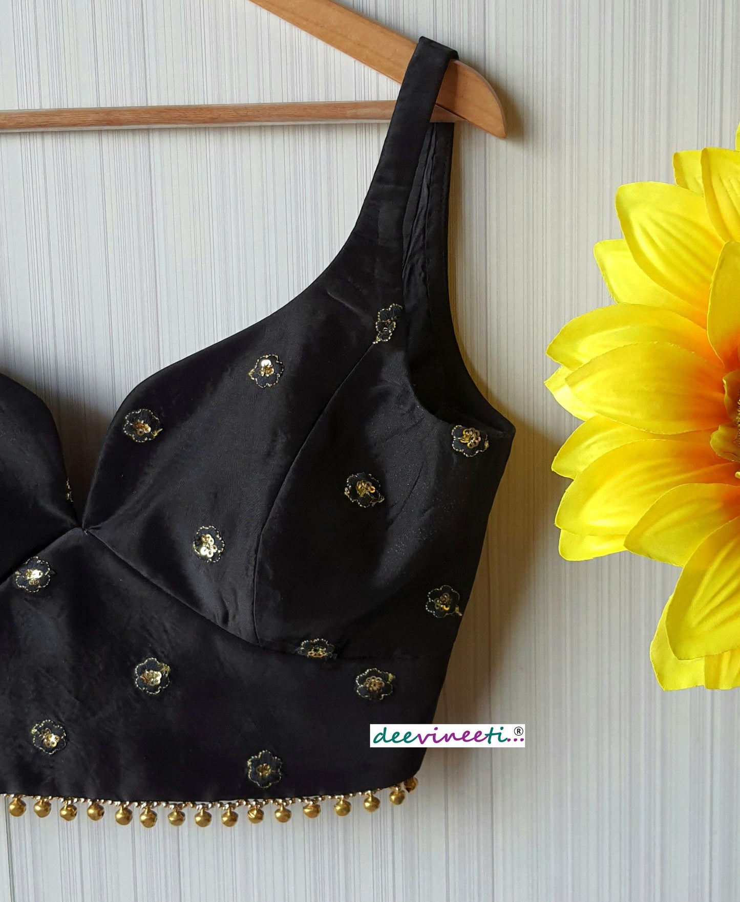 Black Silk Embroidered Sweetheart Neck Blouse DVBL_091
