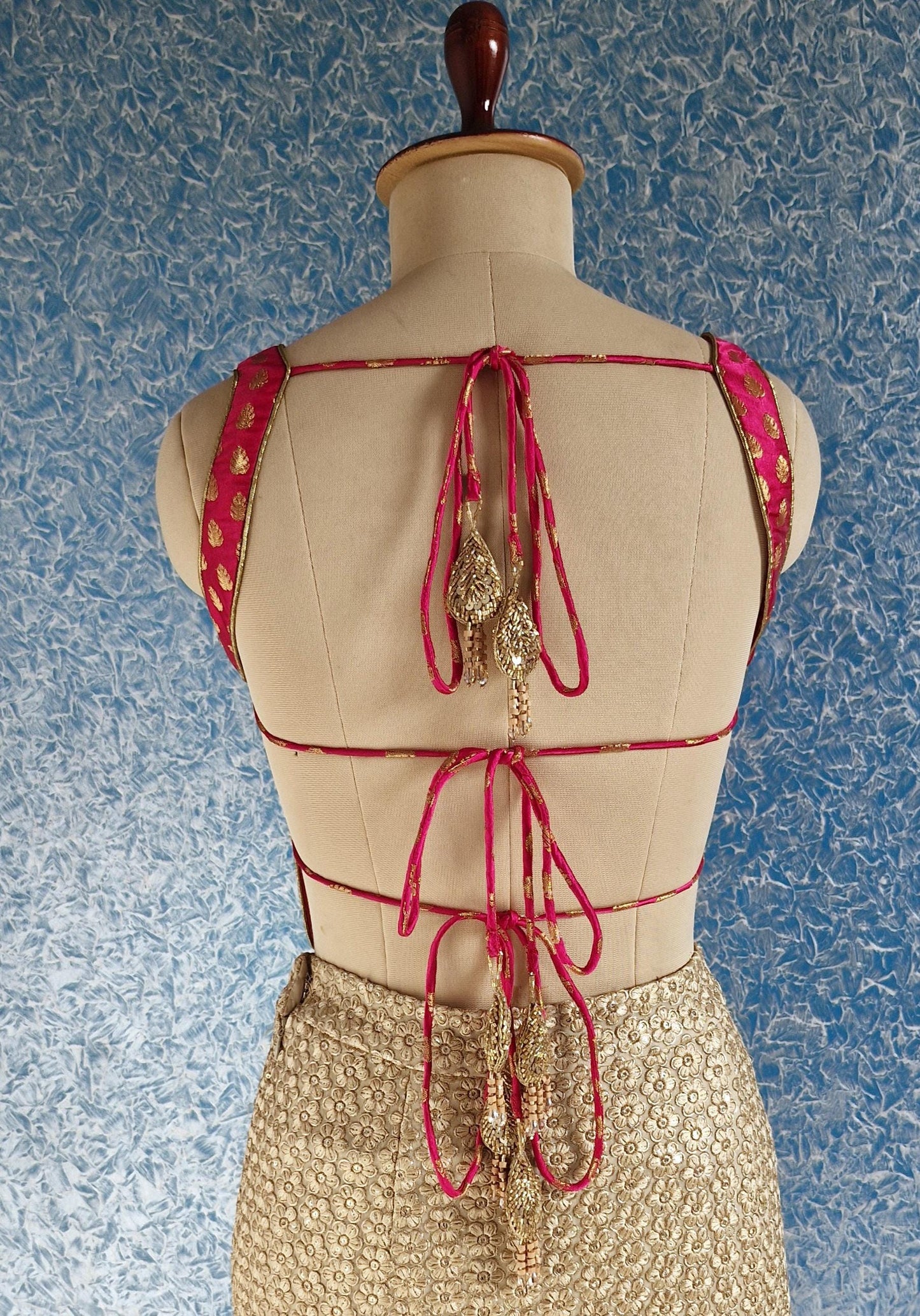 Pink Gold Brocade Silk  Backless Corset Blouse DVCB_004
