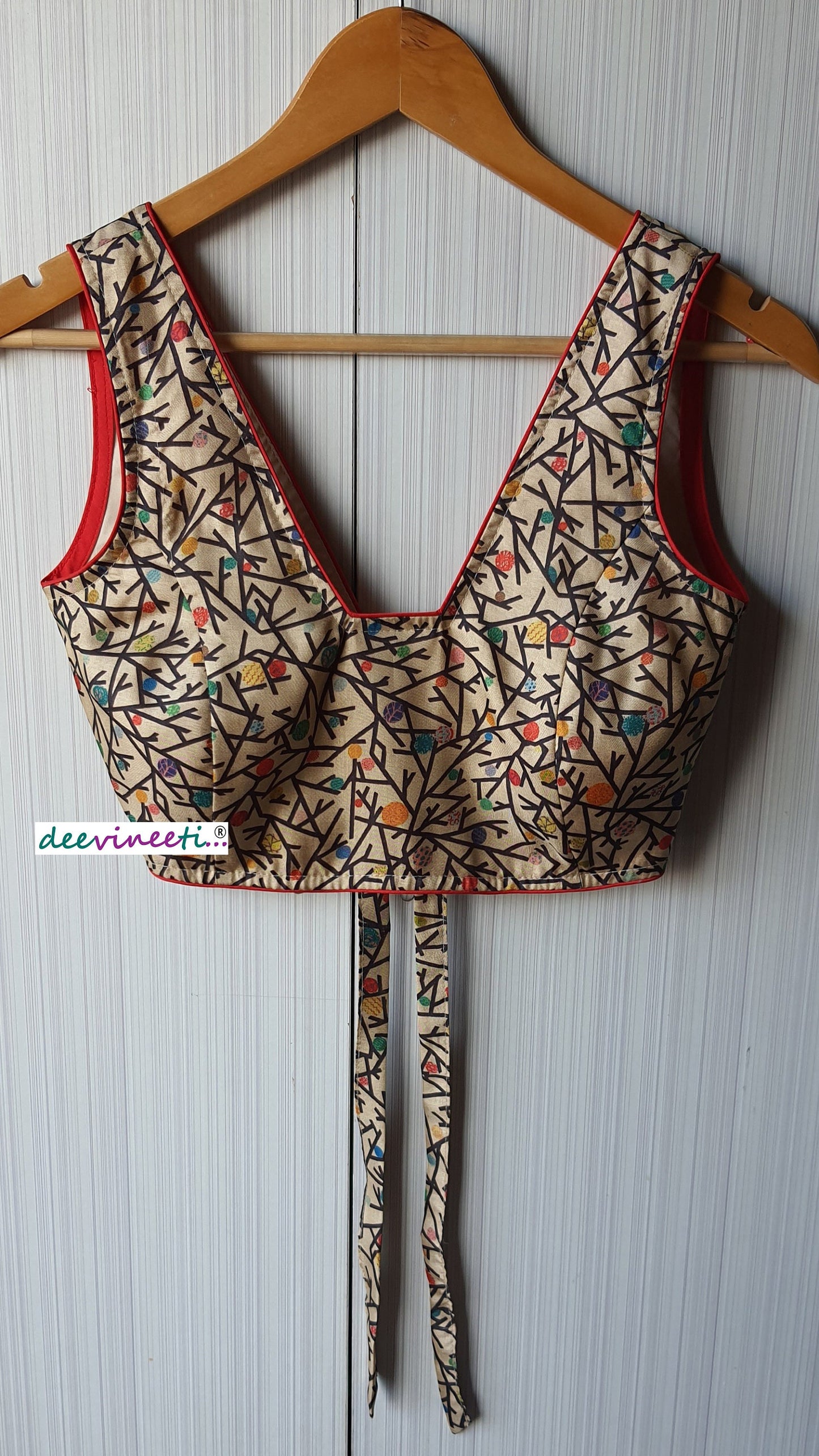 Beige Printed Khadi Silk Blouse Trapeze Neck Blouse DVBL_069