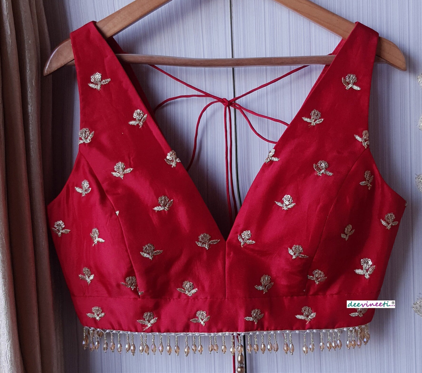 Red Embroidered Upada Silk Deep V Neck Blouse DVBL_170