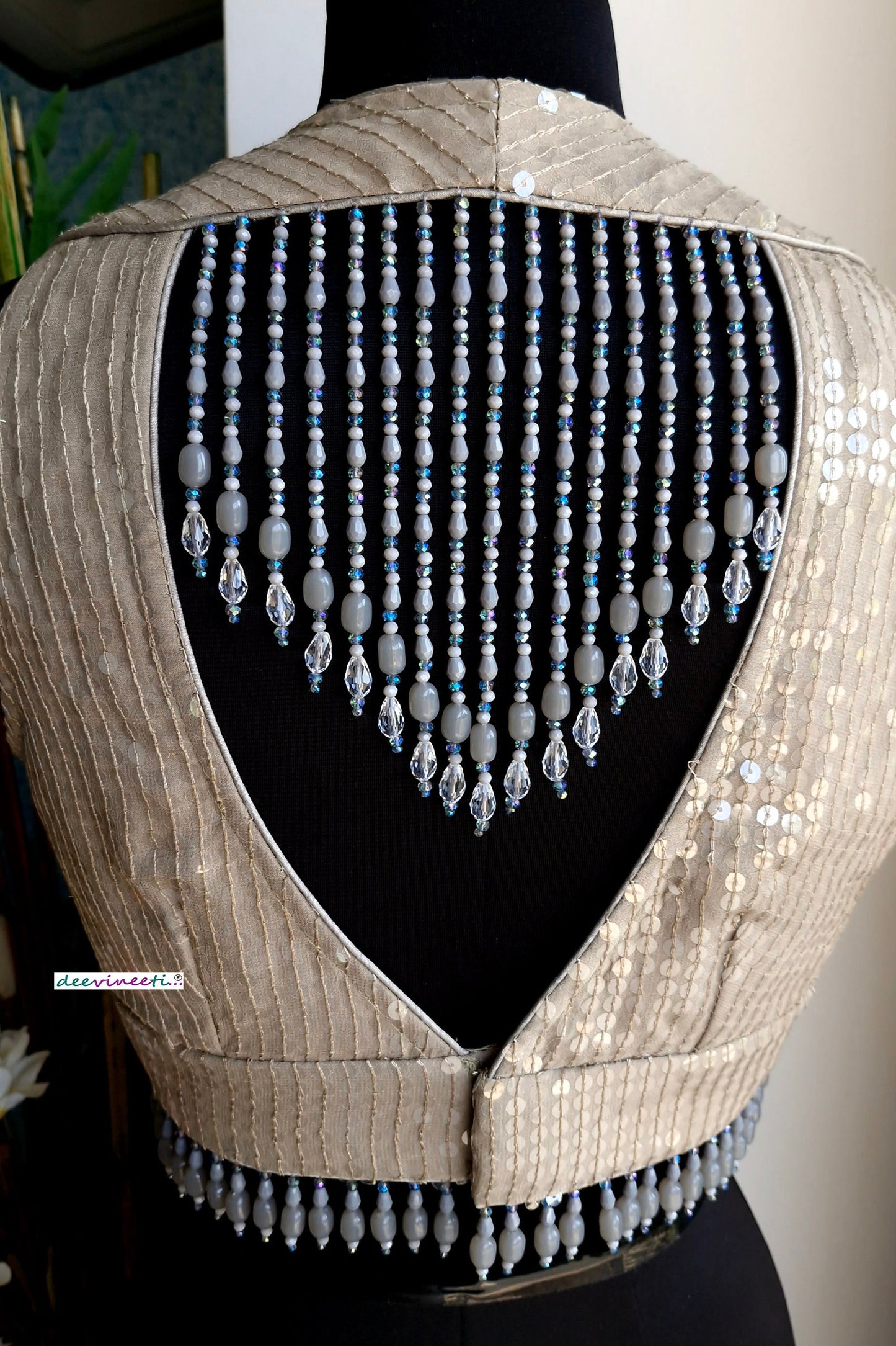Grey Sequins Embroidered V Neck Blouse DVBL_340