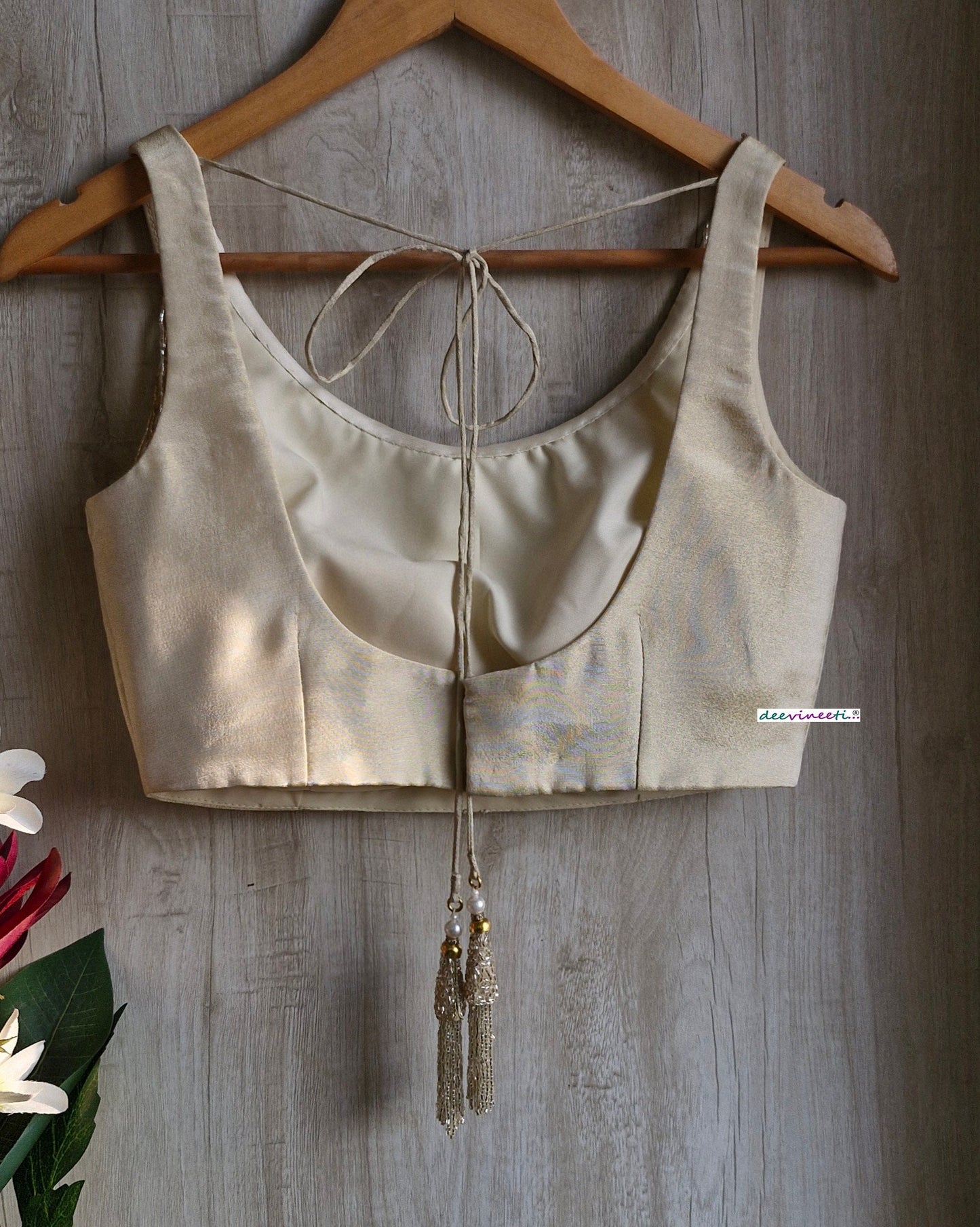 Light Gold Tissue Silk Round Neck with Fringes Blouse DVBL_353.
