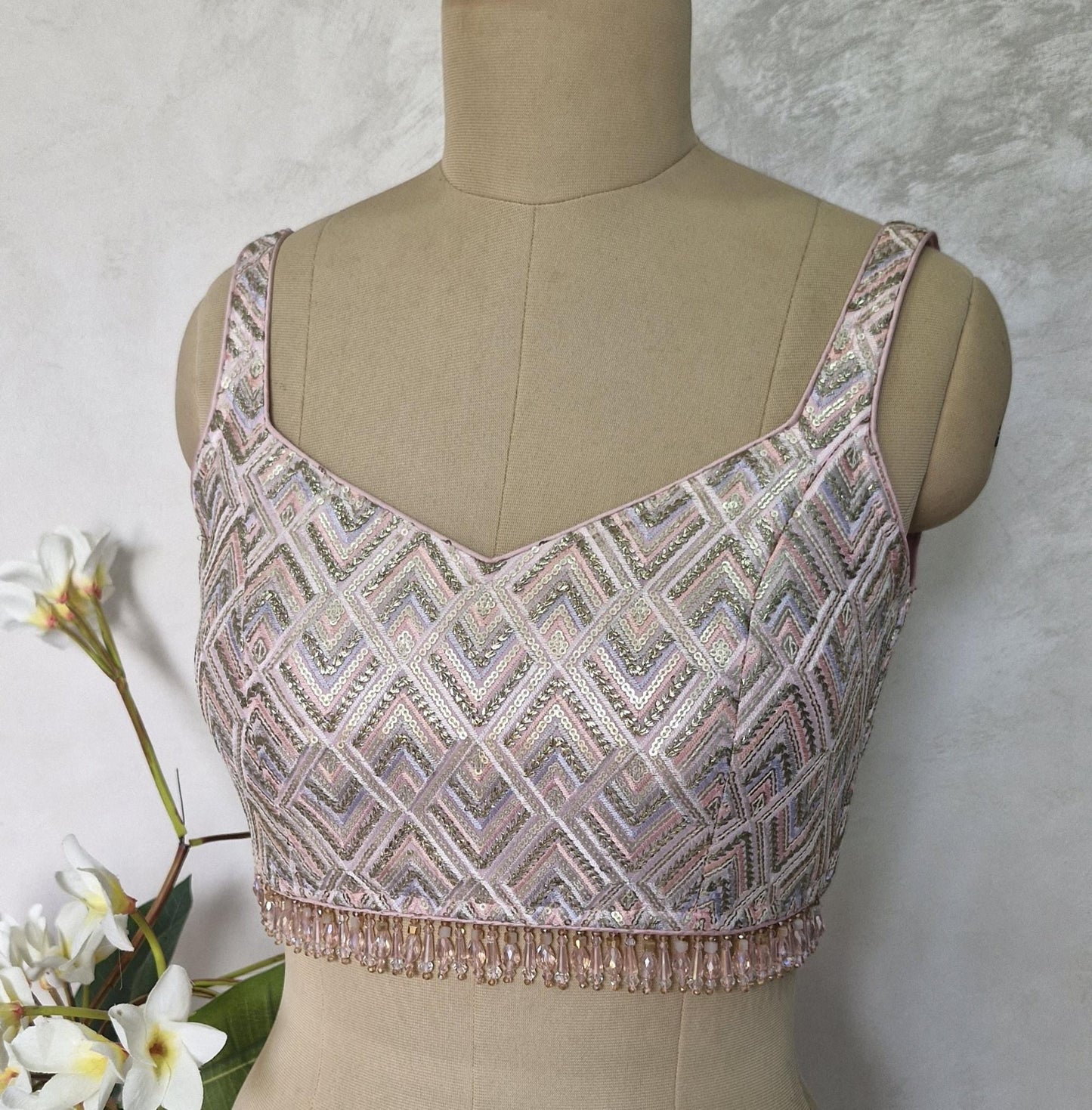 Pink Embroidered Semi Sweetheart Neck  Blouse DVBL_414