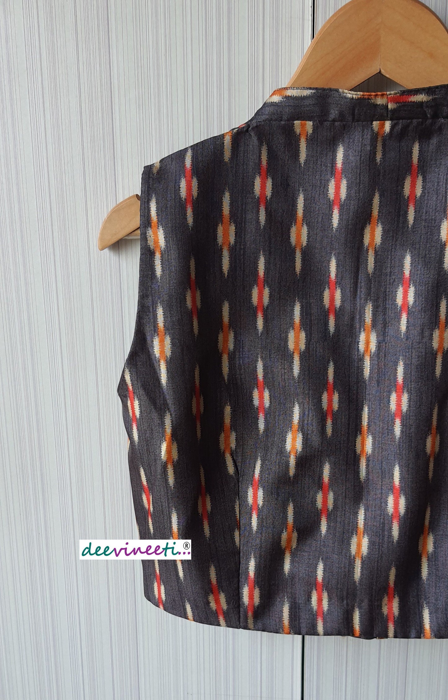 Grey Ikat Print Khadi Silk Plunge Neck Blouse DVBL_072