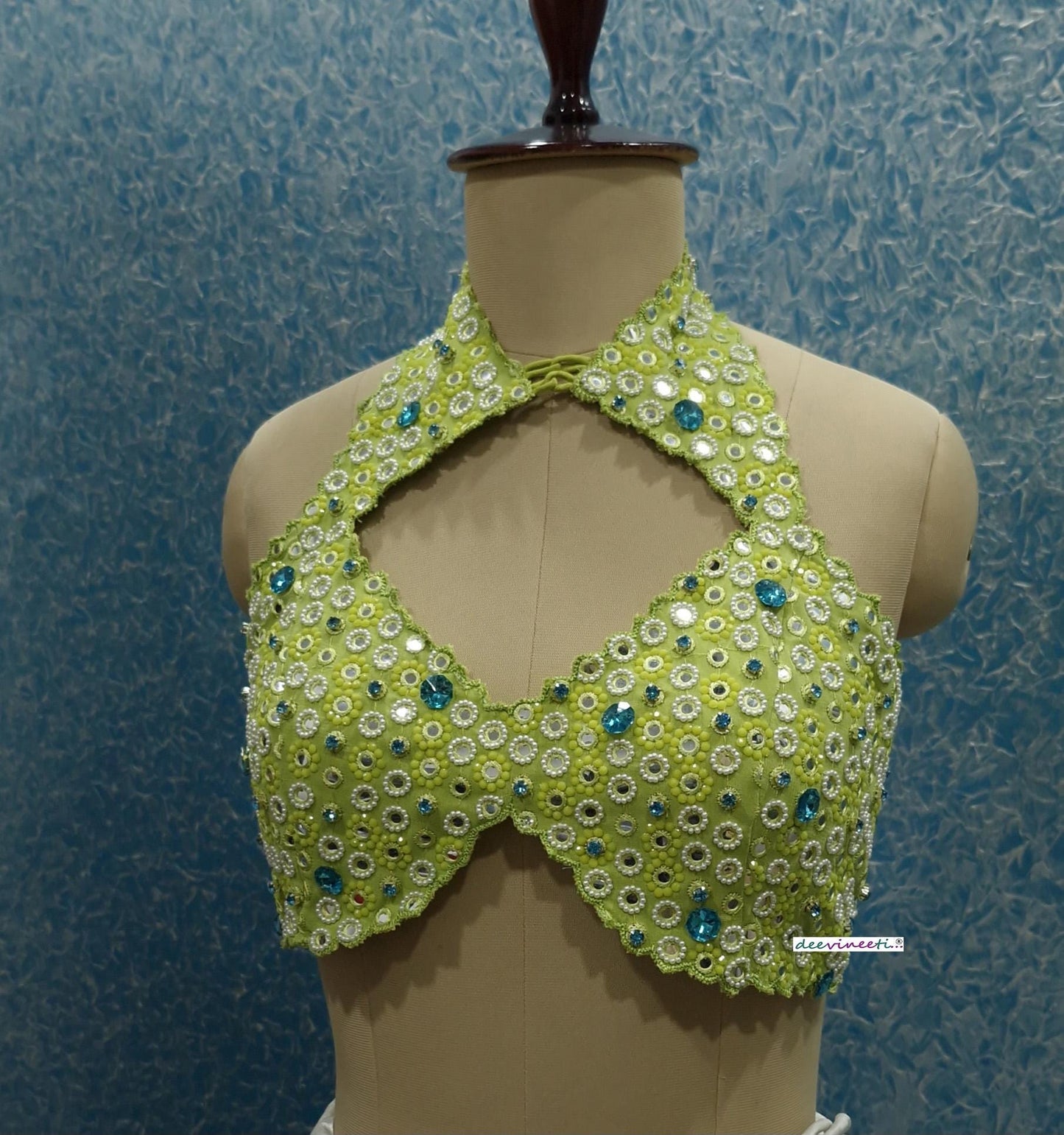 Hand Embroidered Lime Green Halter Blouse DVBL_386