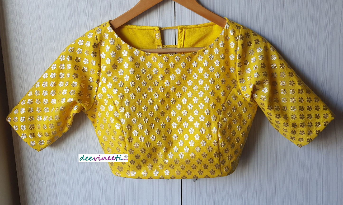 Yellow Chanderi Brocade Boat Neck Blouse. DVBL_068