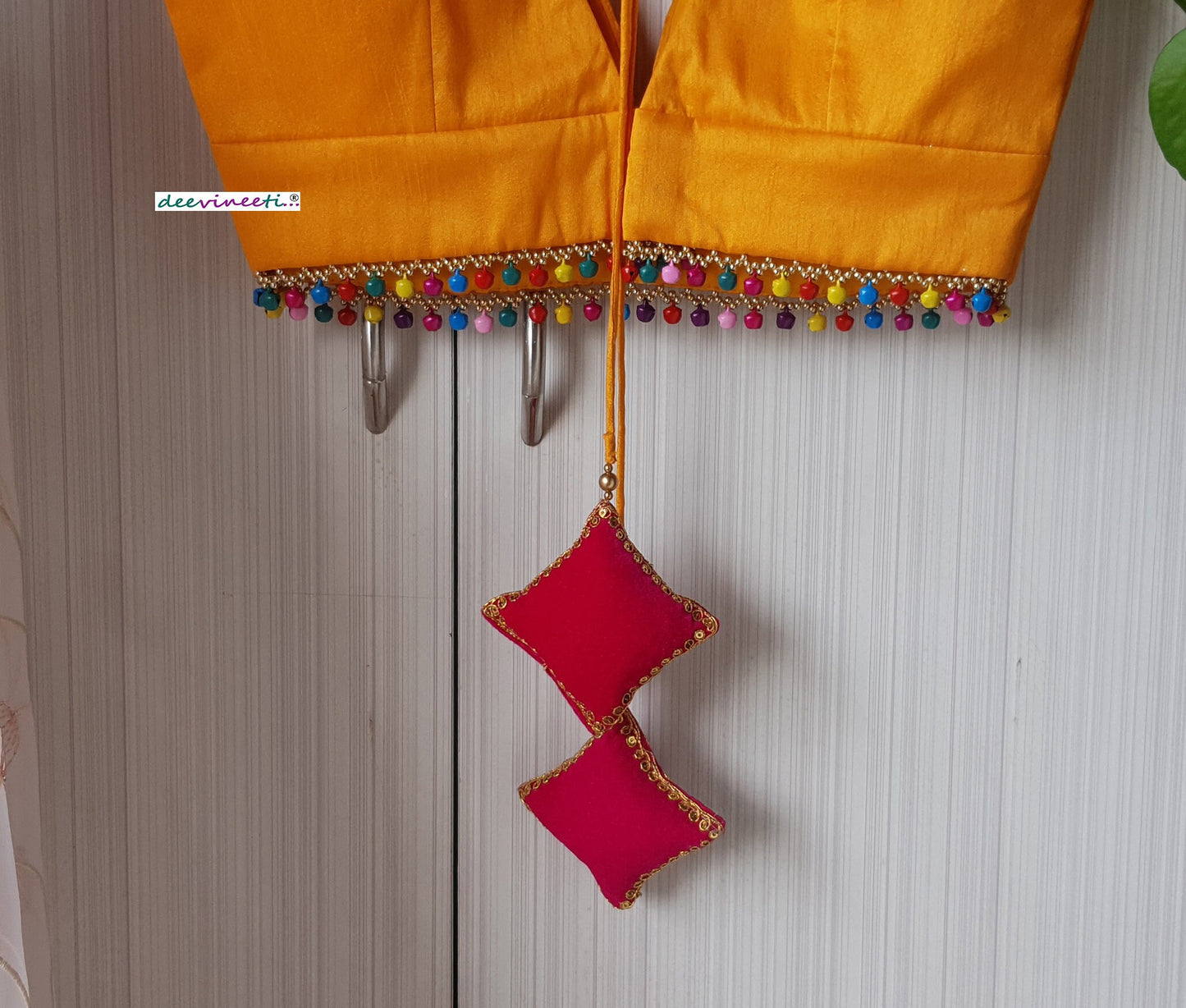 Amber Yellow Raw Silk Plunge Neckline Blouse with Multicolor Fringes DVBL_261